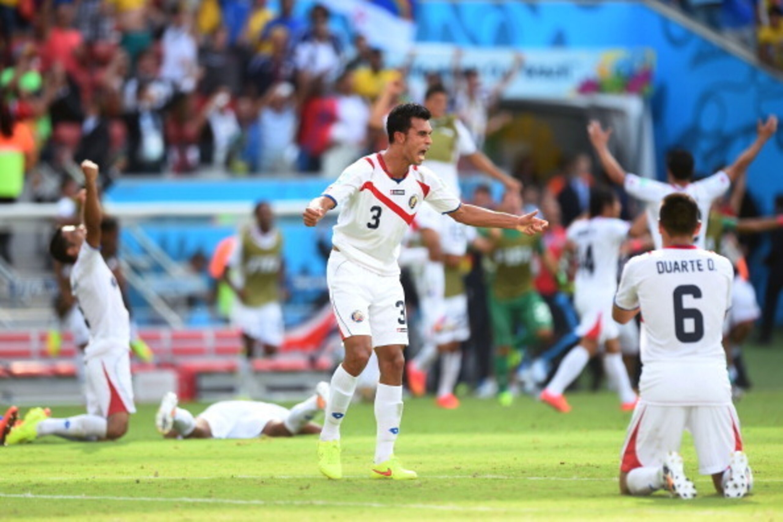 RECIFE, BRAZIL - JUNE 20: Giancarlo Gonzalez of Costa Rica celebrates after defeating Italy 1-0 during the 2014 FIFA World Cup Brazil Group D match between Italy and Costa Rica at Arena Pernambuco on June 20, 2014 in Recife, Brazil.  (Photo by Laurence Gr