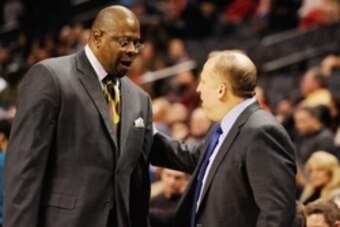 Jan 25, 2014; Charlotte, NC, USA; Charlotte Bobcats assistant coach Patrick Ewing (left) talks with Chicago Bulls head coach Tom Thibodeau (right) before the game at Time Warner Cable Arena. Mandatory Credit: Sam Sharpe-USA TODAY Sports