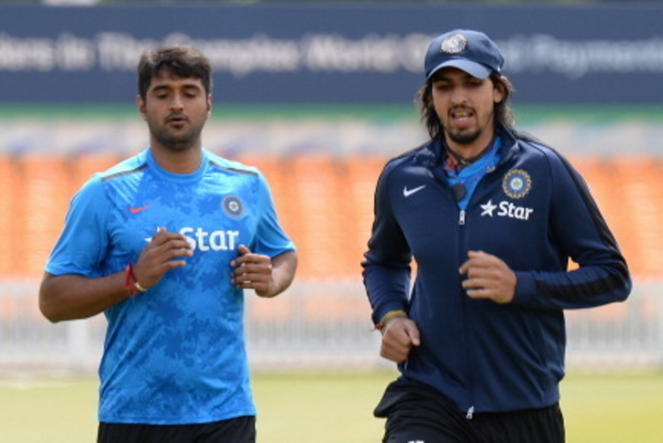 LEICESTER, ENGLAND - JUNE 25: Ishant Sharma (R) of India during the India Nets and Training Session at Grace Road on June 25, 2014 in Leicester, England.  (Photo by Tony Marshall/Getty Images)