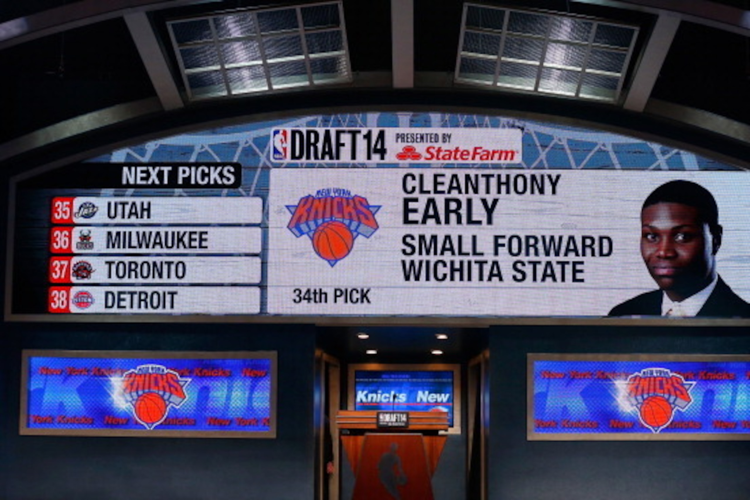 NEW YORK, NY - JUNE 26:  A video screen shows the selection of Cleanthony Early as the #34 overall pick in the first round by the New York Knicks during the 2014 NBA Draft at Barclays Center on June 26, 2014 in the Brooklyn borough of New York City. NOTE 