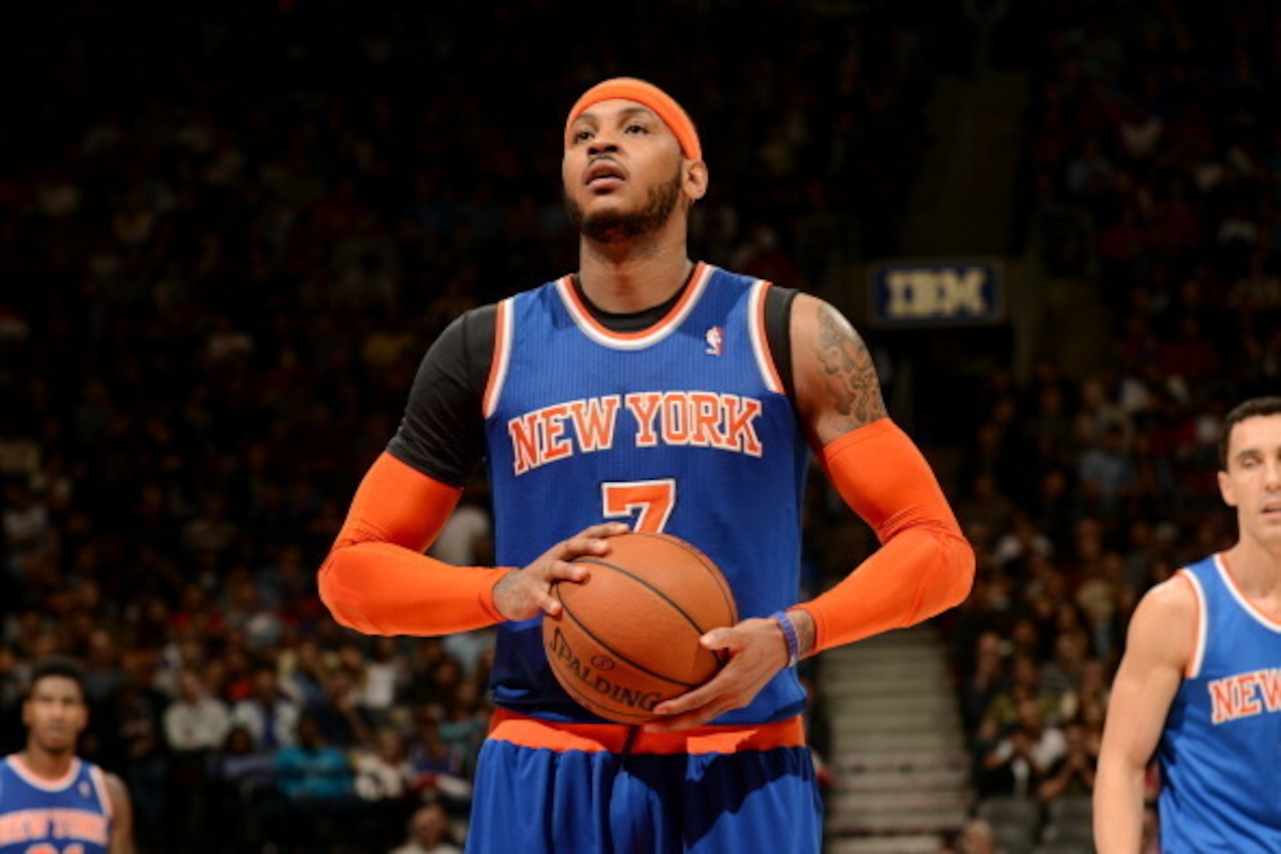 TORONTO, CANADA - April 11: Carmelo Anthony #7 of the New York Knicks attempts a free throw against the Toronto Raptors on April 11, 2014 at the Air Canada Centre in Toronto, Ontario, Canada.  NOTE TO USER: User expressly acknowledges and agrees that, by 
