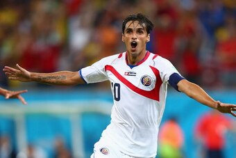 RECIFE, BRAZIL - JUNE 29:  Bryan Ruiz of Costa Rica celebrates scoring his team's first goal during the 2014 FIFA World Cup Brazil Round of 16 match between Costa Rica and Greece at Arena Pernambuco on June 29, 2014 in Recife, Brazil.  (Photo by Ian Walto