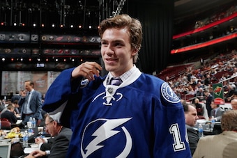 PHILADELPHIA, PA - JUNE 28:  Brayden Point meets his team after being drafted #79 by the Tampa Bay Lightning on Day Two of the 2014 NHL Draft at the Wells Fargo Center on June 28, 2014 in Philadelphia, Pennsylvania.  (Photo by Bruce Bennett/Getty Images)