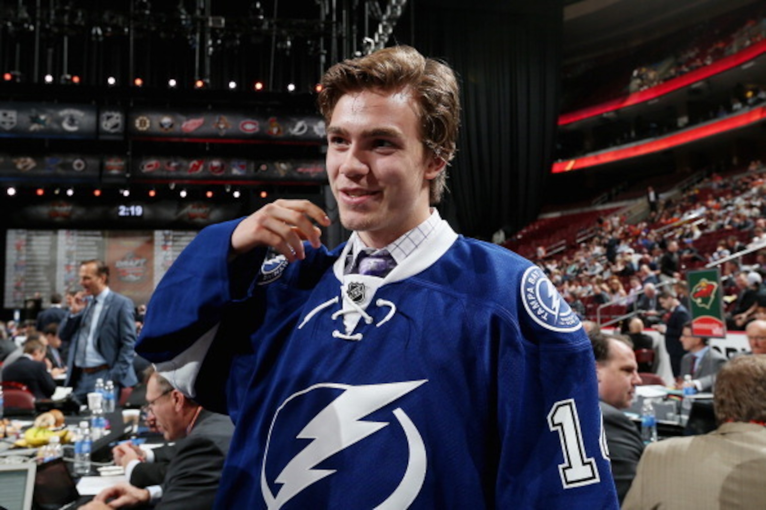 PHILADELPHIA, PA - JUNE 28:  Brayden Point meets his team after being drafted #79 by the Tampa Bay Lightning on Day Two of the 2014 NHL Draft at the Wells Fargo Center on June 28, 2014 in Philadelphia, Pennsylvania.  (Photo by Bruce Bennett/Getty Images)