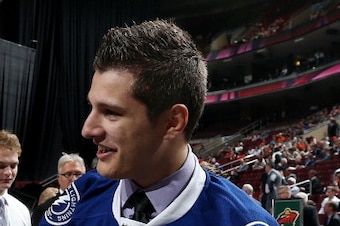 PHILADELPHIA, PA - JUNE 28:  Cristiano Digiacinto meets his team after being drafted #170 by the Tampa Bay Lightning on Day Two of the 2014 NHL Draft at the Wells Fargo Center on June 28, 2014 in Philadelphia, Pennsylvania.  (Photo by Bruce Bennett/Getty