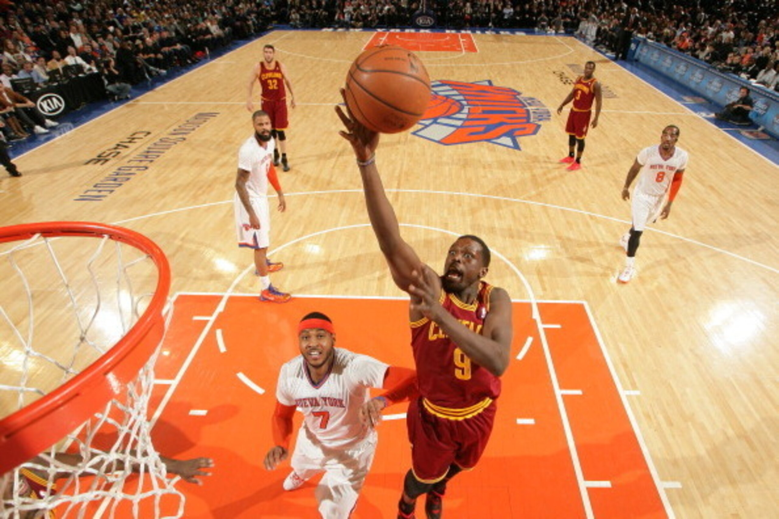 NEW YORK, NY - MARCH 23: Luol Deng #9 of the Cleveland Cavaliers goes up for a shot against the New York Knicks during a game at Madison Square Garden in New York City. NOTE TO USER: User expressly acknowledges and agrees that, by downloading and or using