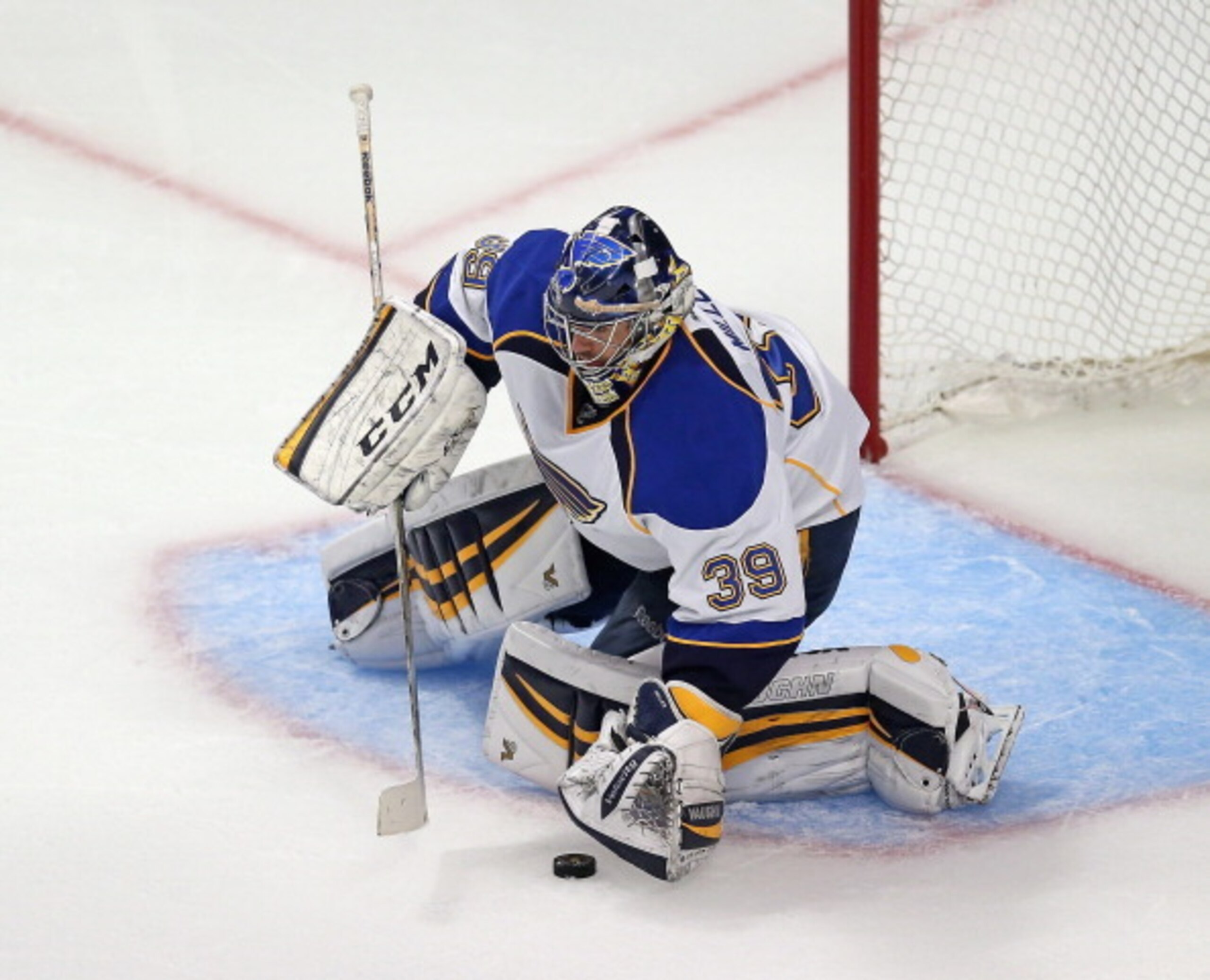 CHICAGO, IL - APRIL 21: Ryan Miller #39 of the St. Louis Blues makes a save against the Chicago Blackhawks in Game Three of the First Round of the 2014 NHL Stanley Cup Playoffs at the United Center on April 21, 2014  in Chicago, Illinois. The Blackhawks d