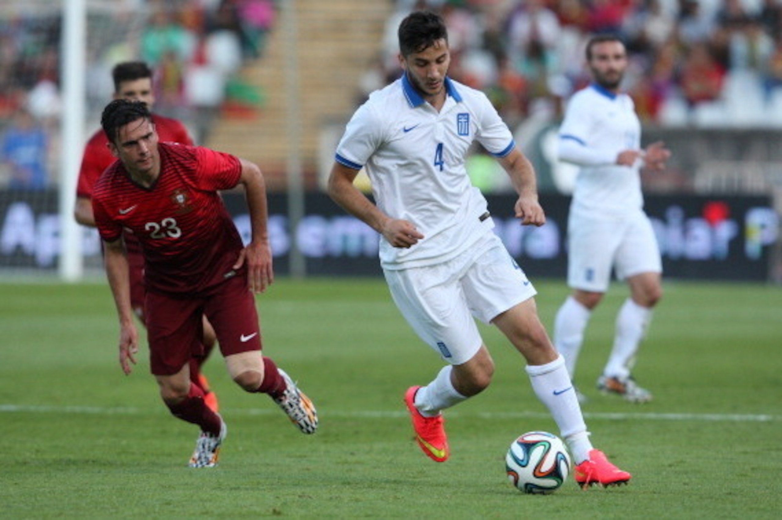 LISBON, PORTUGAL - MAY 31:  Kostas Manolas of Greece in action during the International Friendly between Portugal and Greece at the National Stadium on May 31, 2014 in Lisbon, Portugal. (Photo by Gualter Fatia/Getty Images)