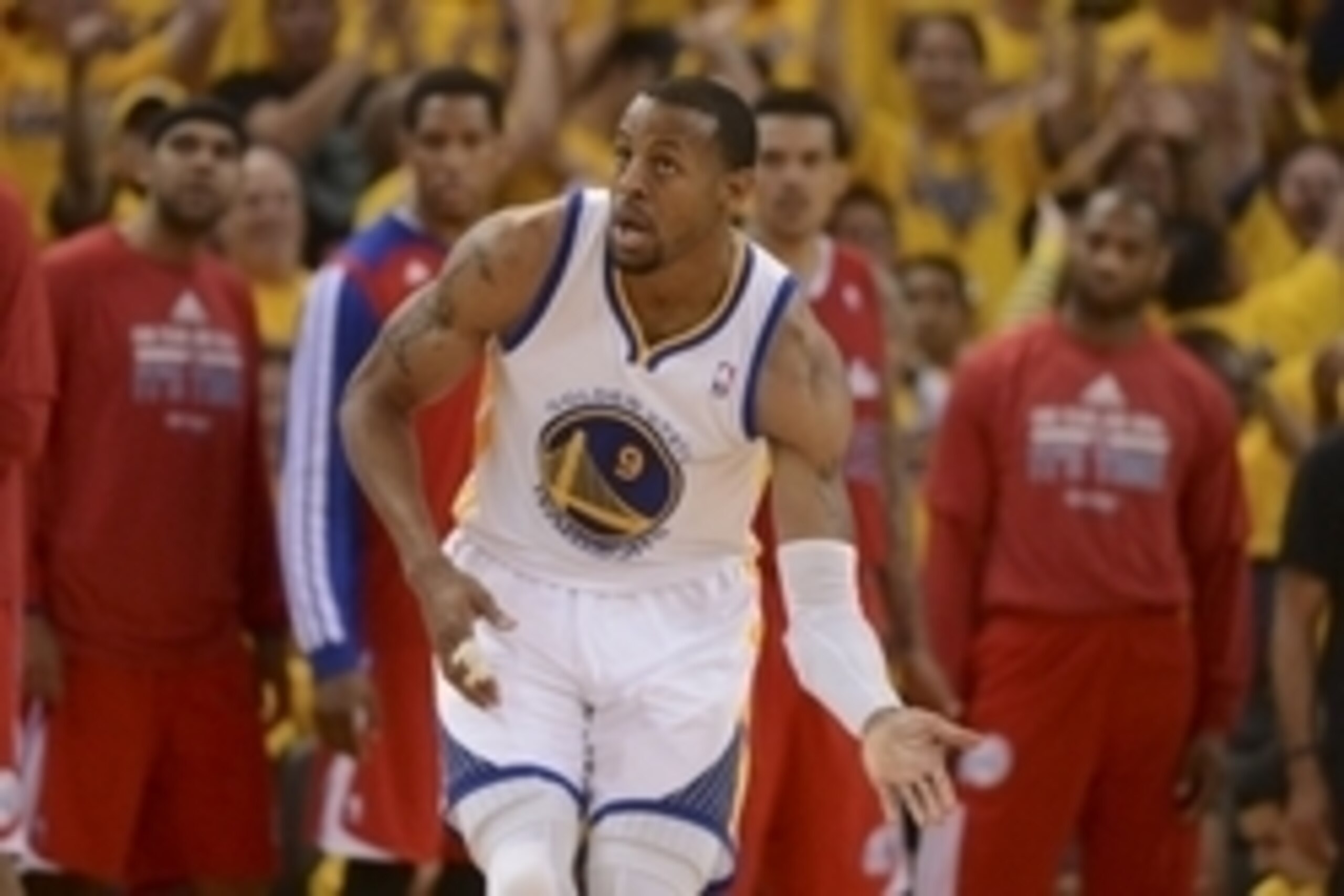 May 1, 2014; Oakland, CA, USA; Golden State Warriors forward Andre Iguodala (9) celebrates after making a three-point basket while being fouled by Los Angeles Clippers forward Blake Griffin (32, not pictured) during the fourth quarter in game six of the f May 1, 2014; Oakland, CA, USA; Golden State Warriors forward Andre Iguodala (9) celebrates after making a three-point basket while being fouled by Los Angeles Clippers forward Blake Griffin (32, not pictured) during the fourth quarter in game six of the f