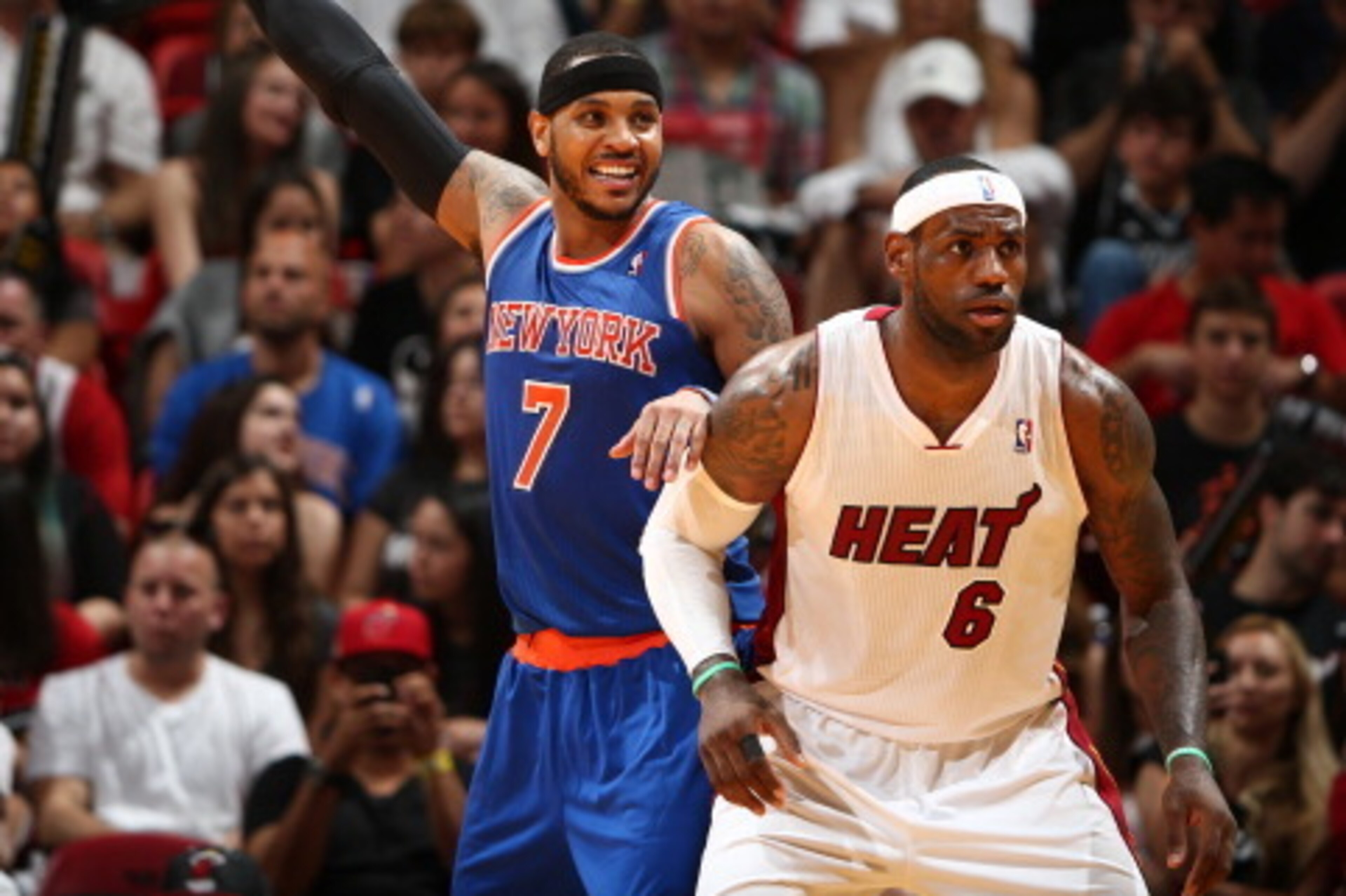 MIAMI, FL - APRIL 6: LeBron James #6 of the Miami Heat defends Carmelo Anthony #7 of the New York Knicks as he calls for the ball during a game on April 6, 2014 at American Airlines Arena in Miami, Florida. NOTE TO USER: User expressly acknowledges and a MIAMI, FL - APRIL 6: LeBron James #6 of the Miami Heat defends Carmelo Anthony #7 of the New York Knicks as he calls for the ball during a game on April 6, 2014 at American Airlines Arena in Miami, Florida. NOTE TO USER: User expressly acknowledges and a