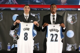 MINNEAPOLIS, MN - JUNE 27:  Minnesota Timberwolves 2014 NBA Draft picks Zach LaVine (13th overall) and Glenn Robinson III (40th overall) are introduced to the media during a press conference on June 27, 2014 at Target Center in Minneapolis, Minnesota.  NO