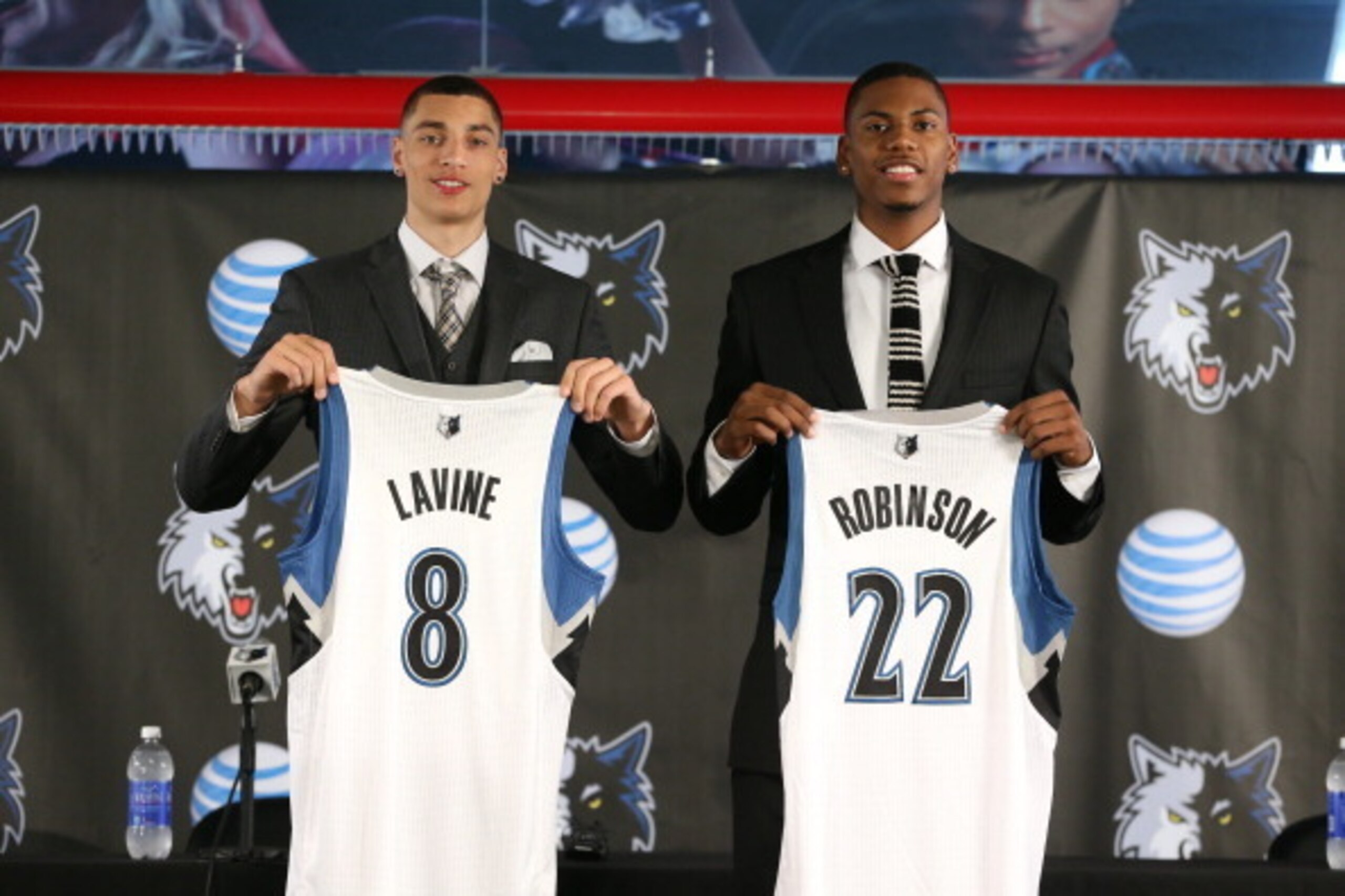 MINNEAPOLIS, MN - JUNE 27:  Minnesota Timberwolves 2014 NBA Draft picks Zach LaVine (13th overall) and Glenn Robinson III (40th overall) are introduced to the media during a press conference on June 27, 2014 at Target Center in Minneapolis, Minnesota.  NO
