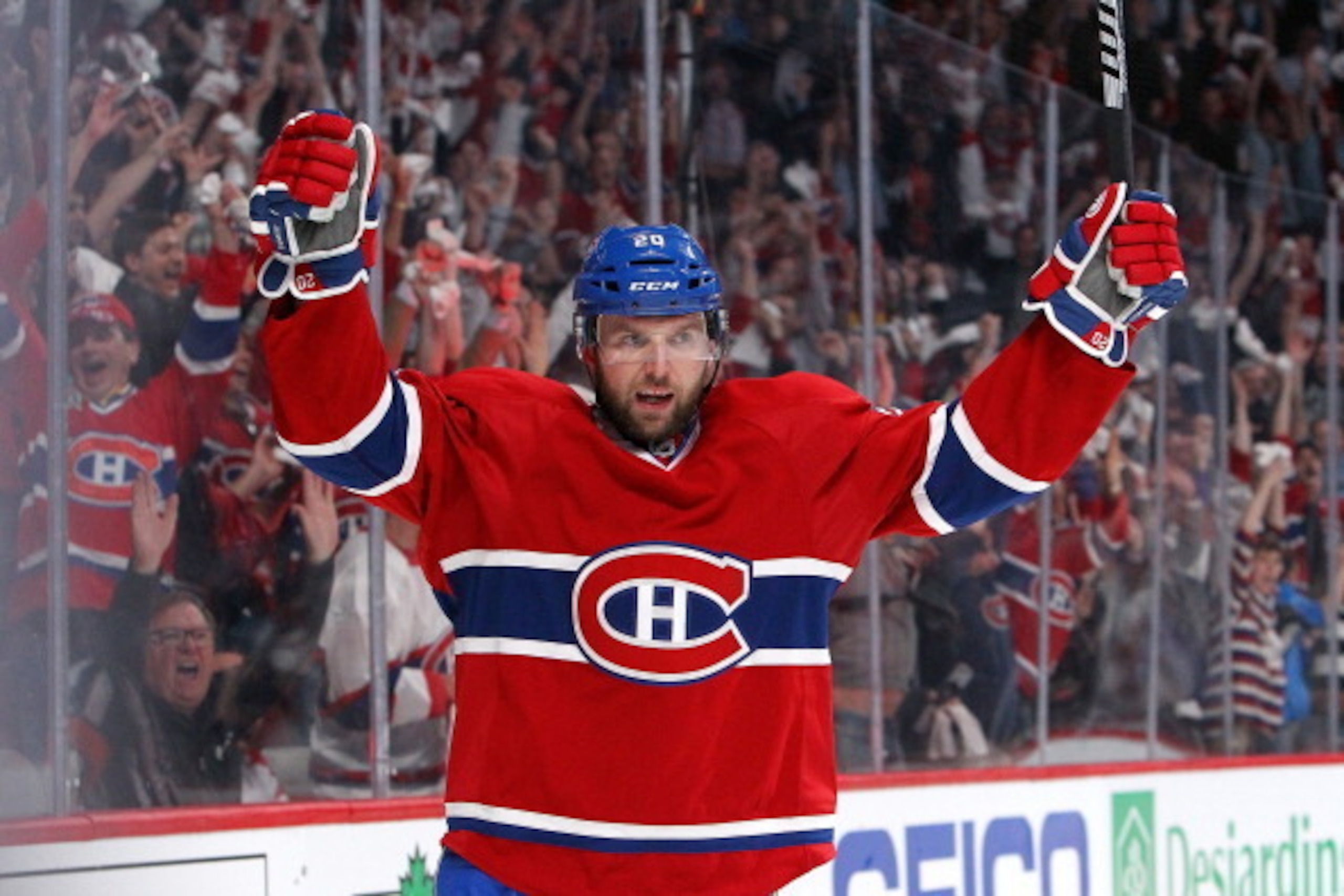 MONTREAL, QC - MAY 12:  Thomas Vanek #20 of the Montreal Canadiens celebrates his second-period goal against the Boston Bruins in Game Six of the Second Round of the 2014 NHL Stanley Cup Playoffs at the Bell Centre on May 12, 2014 in Montreal, Quebec, Can