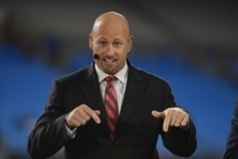 Nov 18, 2013; Charlotte, NC, USA; Trent Dilfer on the ESPN set before the game at Bank of America Stadium. Mandatory Credit: Bob Donnan-USA TODAY Sports