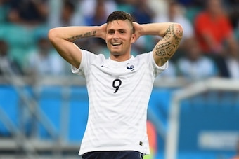 SALVADOR, BRAZIL - JUNE 20:  Olivier Giroud of France reacts during the 2014 FIFA World Cup Brazil Group E match between Switzerland and France at Arena Fonte Nova on June 20, 2014 in Salvador, Brazil.  (Photo by Christopher Lee/Getty Images)