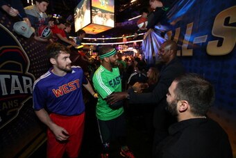 NEW ORLEANS, LA - FEBRUARY 16: Carmelo Anthony #7 of the Eastern COnference All-Stars and Kevin Love #42 of the Western Conference All-Stars during the 2014 NBA All-Star Game on February 16, 2014 at the Smoothie King Center in New Orleans, Louisiana. NOTE