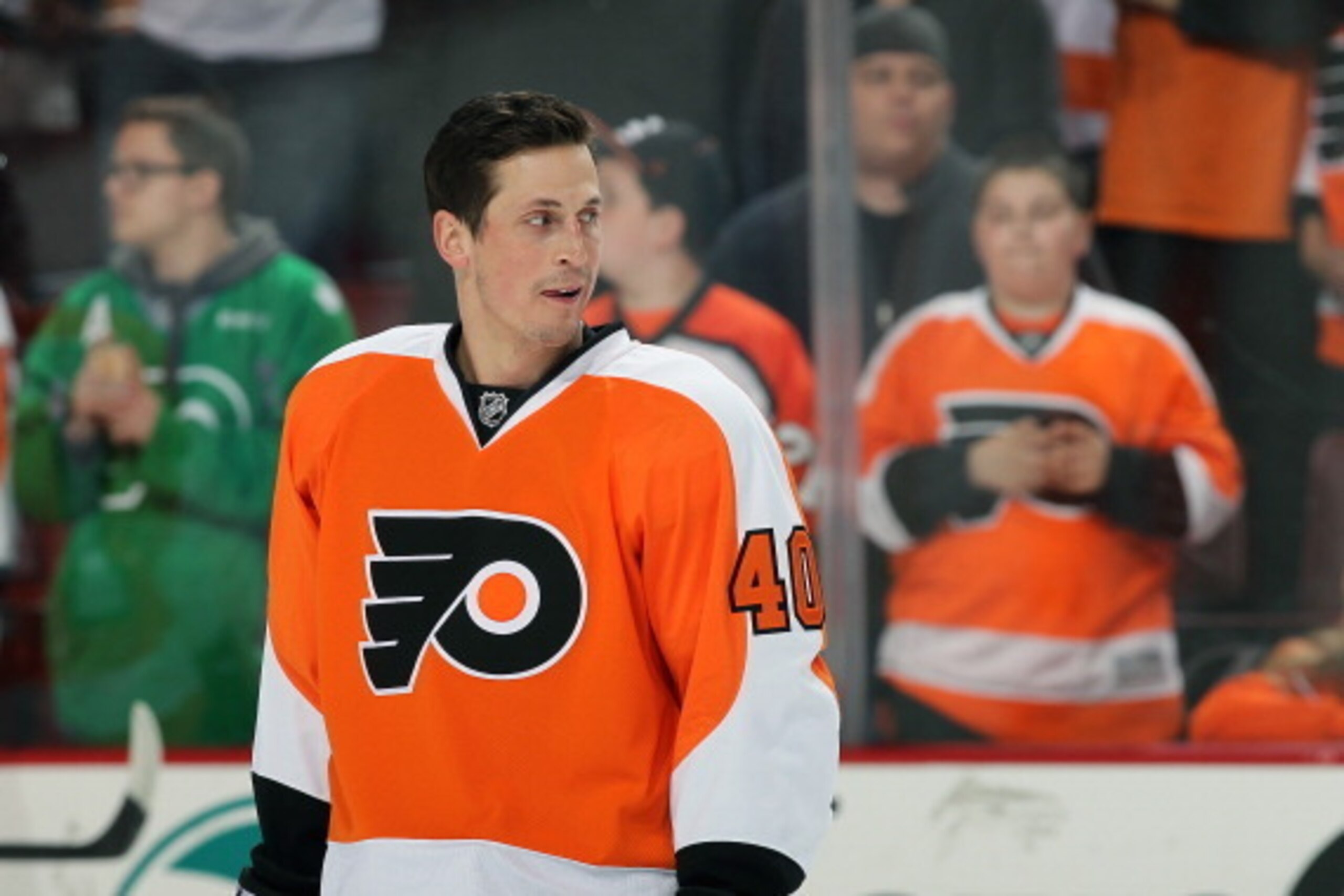 PHILADELPHIA, PA - APRIL 06:  Vincent Lecavalier #40 of the Philadelphia Flyers looks on during warm-ups prior to his game against the Buffalo Sabres on April 6, 2014 at the Wells Fargo Center in Philadelphia, Pennsylvania.  (Photo by Len Redkoles/NHLI vi