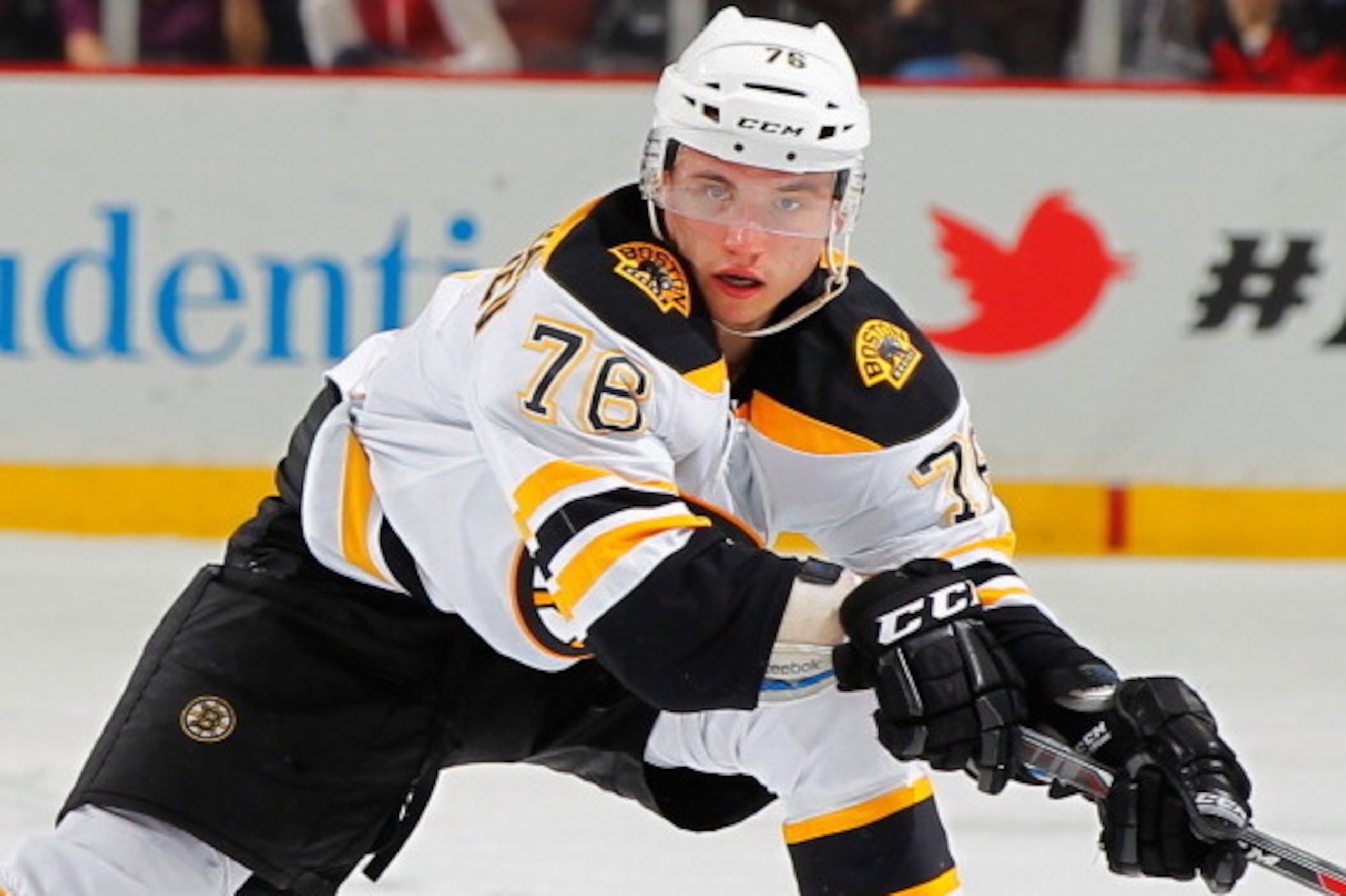 NEWARK, NJ - APRIL 13: Alexander Khokhlachev #76 of the Boston Bruins, playing in his first NHL game, skates against the New Jersey Devils during the game at the Prudential Center on April 13, 2014 in Newark, New Jersey. (Photo by Andy Marlin/NHLI via Get