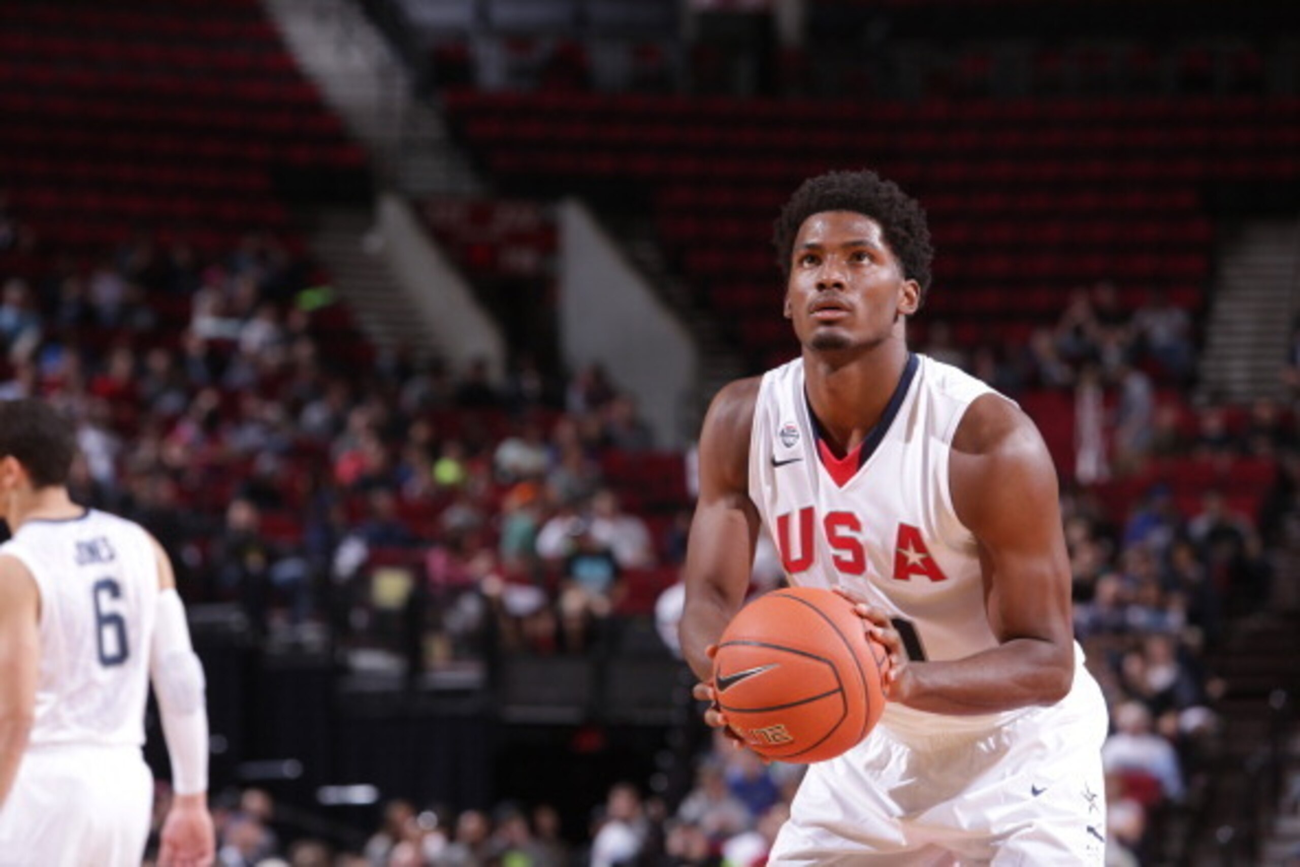 PORTLAND, OR - APRIL 12:  Justise Winslow #10 of Team USA shoots the ball against the World Team on April 12, 2014 at the Moda Center Arena in Portland, Oregon. NOTE TO USER: User expressly acknowledges and agrees that, by downloading and or using this ph
