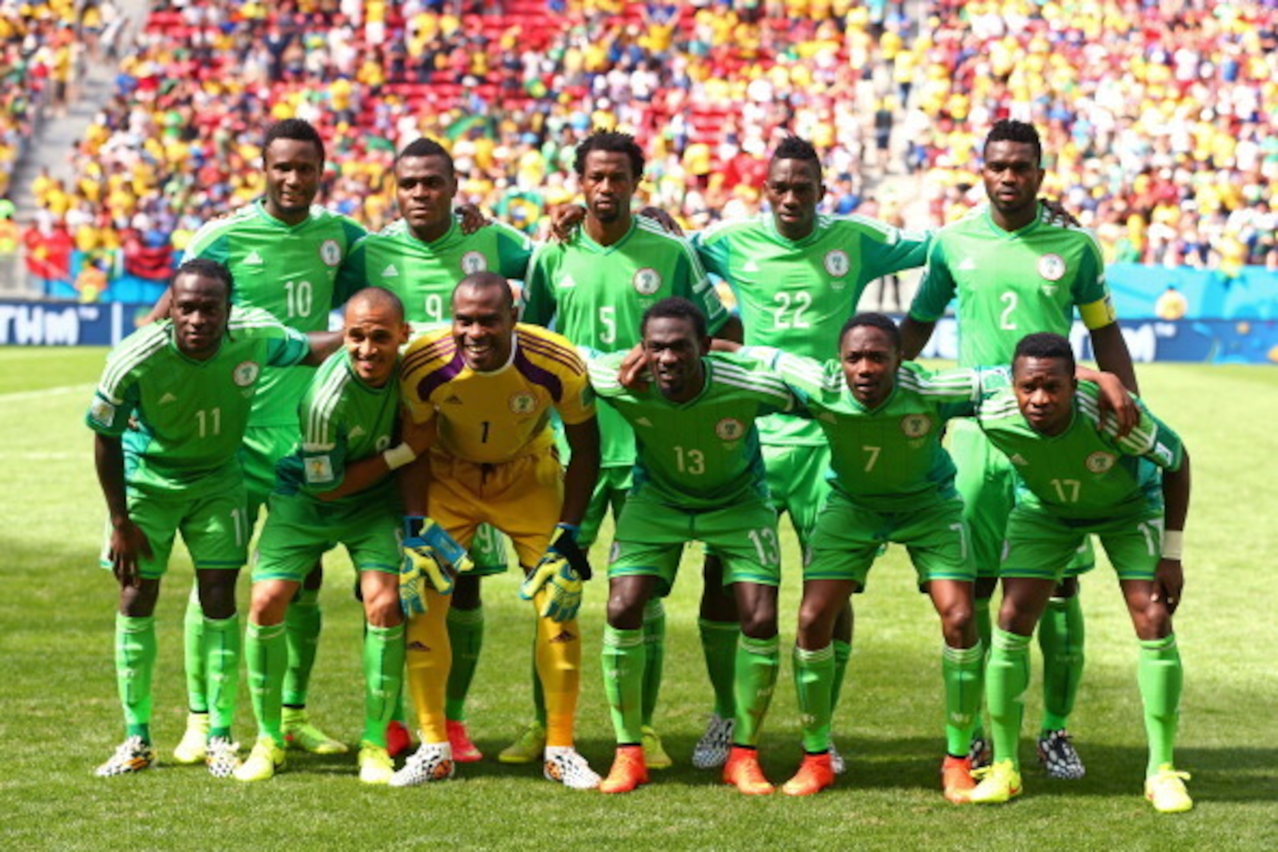 BRASILIA, BRAZIL - JUNE 30: Nigeria pose for a team photo prior to the 2014 FIFA World Cup Brazil Round of 16 match between France and Nigeria at Estadio Nacional on June 30, 2014 in Brasilia, Brazil.  (Photo by Quinn Rooney/Getty Images)