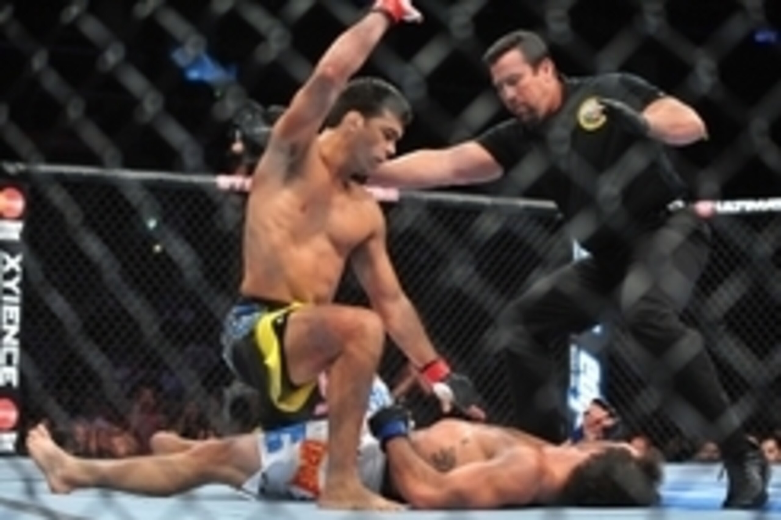 August 4, 2012; Los Angeles, CA, USA; Lyoto Machida knocks out Ryan Bader during the light heavyweight match at Staples Center. Mandatory Credit: Gary A. Vasquez-USA TODAY Sports