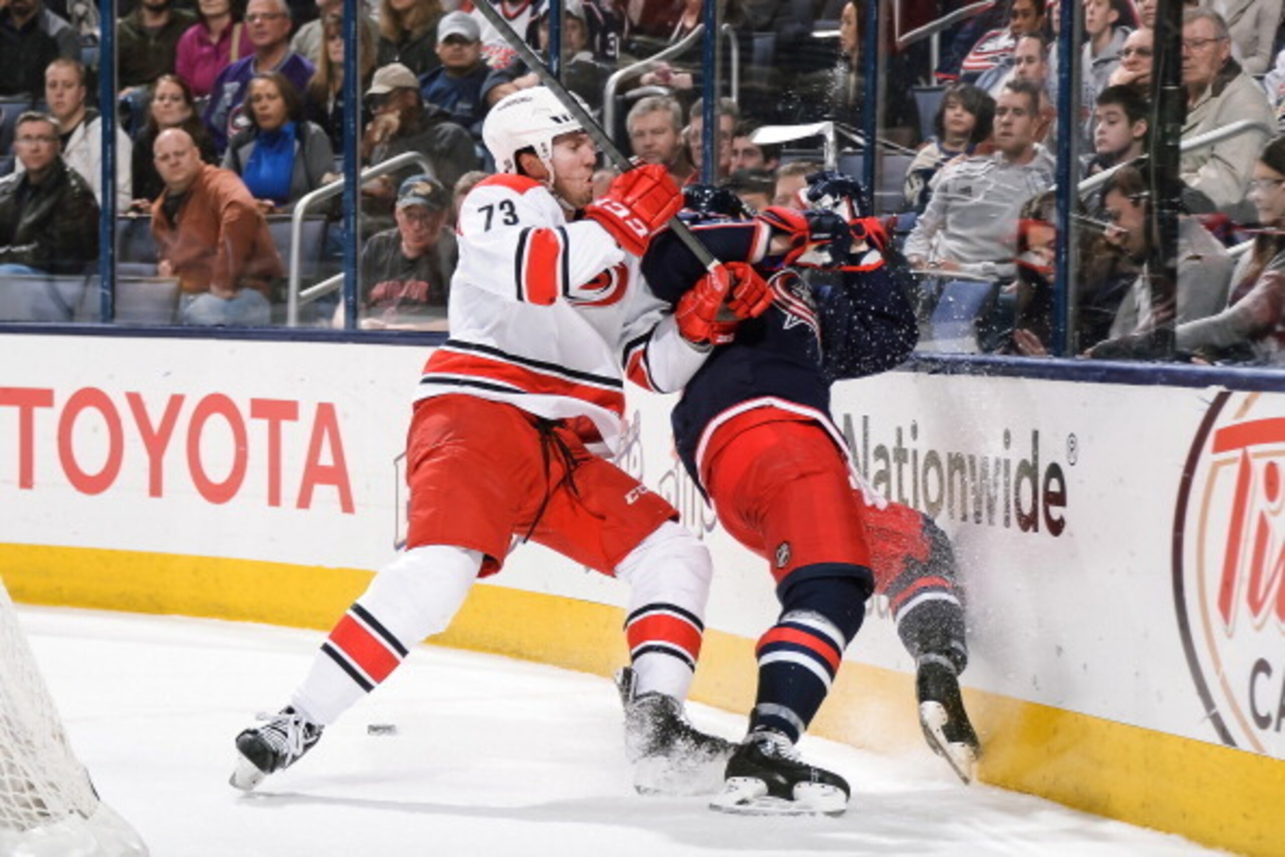 COLUMBUS, OH - MARCH 18:  Brett Bellemore #73 of the Carolina Hurricanes skates against the Columbus Blue Jackets on March 18, 2014 at Nationwide Arena in Columbus, Ohio.  (Photo by Jamie Sabau/NHLI via Getty Images)