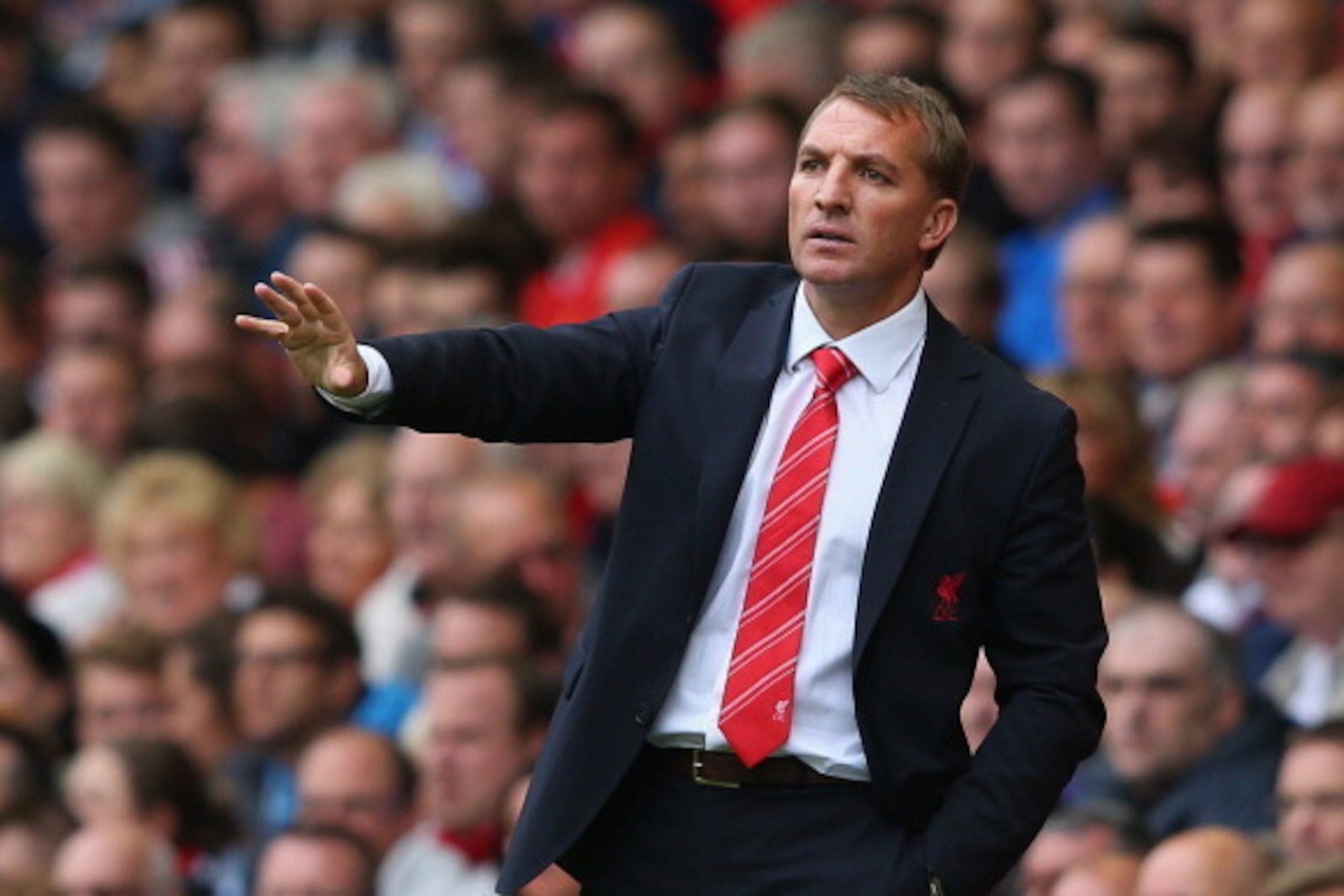 LIVERPOOL, ENGLAND - SEPTEMBER 01:  Liverpool Manager Brendan Rodgers gestures during the Barclays Premier League match between Liverpool and Manchester United at Anfield on September 01, 2013 in Liverpool, England.  (Photo by Alex Livesey/Getty Images)