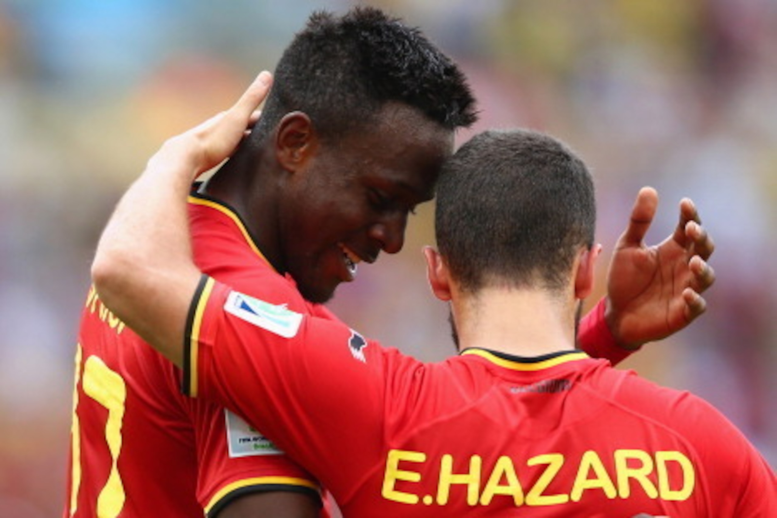 RIO DE JANEIRO, BRAZIL - JUNE 22:  Divock Origi of Belgium celebrates scoring his team's first goal with Eden Hazard during the 2014 FIFA World Cup Brazil Group H match between Belgium and Russia at Maracana on June 22, 2014 in Rio de Janeiro, Brazil.  (P