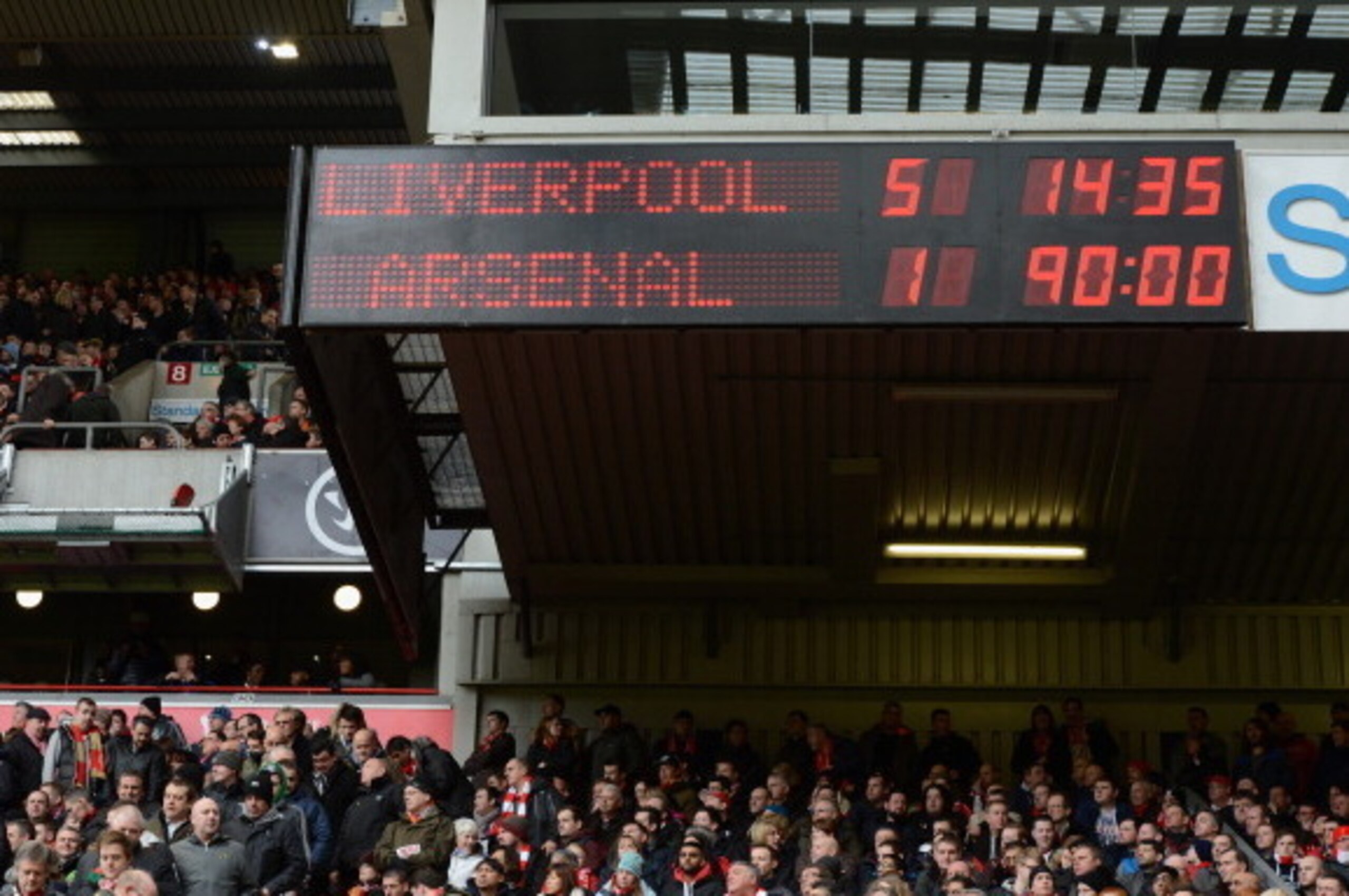 LIVERPOOL, ENGLAND - FEBRUARY 08:  View of the scoreboard showing a 5-1 Liverpool victory during the Barclays Premier League match between Liverpool and Arsenal at Anfield on February 8, 2014 in Liverpool, England.  (Photo by Michael Regan/Getty Images)