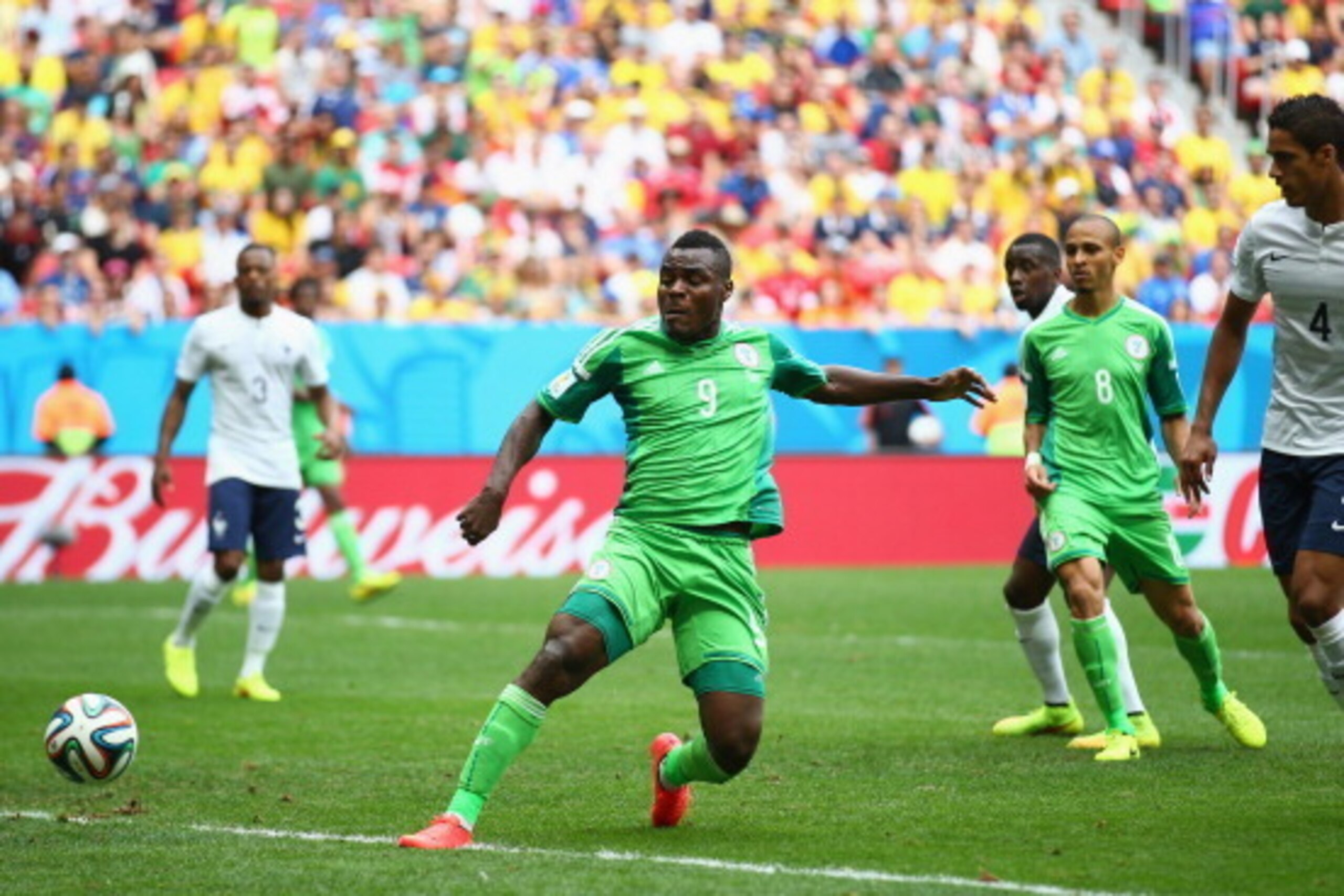 BRASILIA, BRAZIL - JUNE 30:  Emmanuel Emenike of Nigeria scores but the goal is disallowed during the 2014 FIFA World Cup Brazil Round of 16 match between France and Nigeria at Estadio Nacional on June 30, 2014 in Brasilia, Brazil.  (Photo by Paul Gilham/