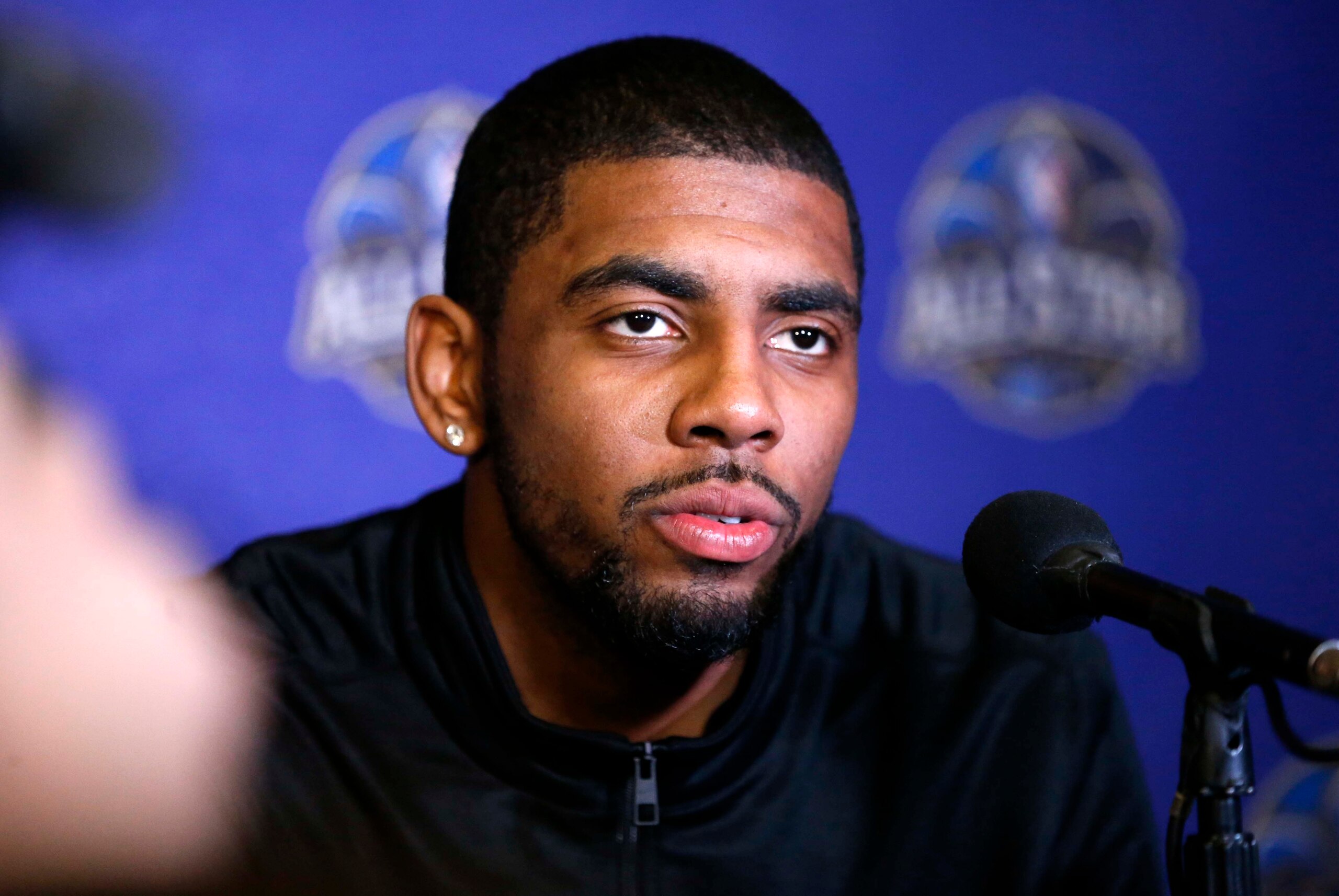 Feb 14, 2014; New Orleans, LA, USA; Eastern Conference guard Kyrie Irving during the 2014 NBA All Star game Player Press Conferences at New Orleans Hyatt. Mandatory Credit: Derick E. Hingle-USA TODAY Sports Feb 14, 2014; New Orleans, LA, USA; Eastern Conference guard Kyrie Irving during the 2014 NBA All Star game Player Press Conferences at New Orleans Hyatt. Mandatory Credit: Derick E. Hingle-USA TODAY Sports
