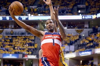 INDIANAPOLIS, IN - MAY 05:  Trevor Ariza #1 of the Washington Wizards shoots the ball against the Indiana Pacers  in Game 1 of the Eastern Conference Semifinals during the 2014 NBA Playoffs at Bankers Life Fieldhouse on May 5, 2014 in Indianapolis, Indian