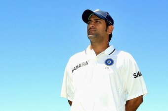 PERTH, AUSTRALIA - JANUARY 15:  MS Dhoni of India looks on during the after match presentations after day three of the Third Test match between Australia and India at WACA on January 15, 2012 in Perth, Australia.  (Photo by Hamish Blair/Getty Images)