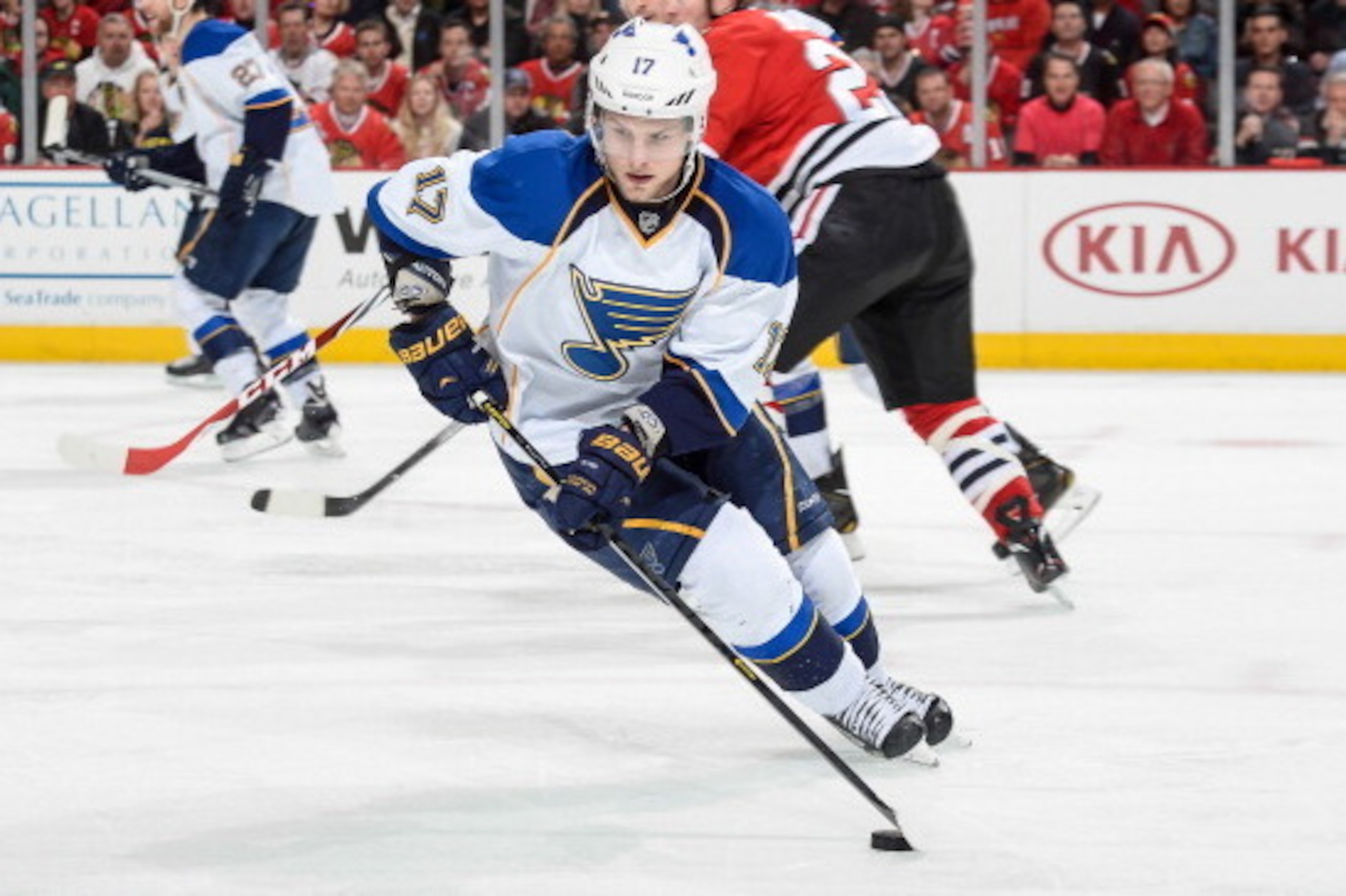 CHICAGO, IL - APRIL 27: Vladimir Sobotka #17 of the St. Louis Blues grabs the puck in Game Six of the First Round of the 2014 Stanley Cup Playoffs against the Chicago Blackhawks at the United Center on April 27, 2014 in Chicago, Illinois. (Photo by Bill S