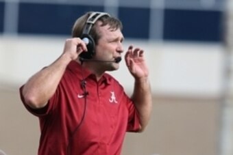 Sep 14, 2013; College Station, TX, USA; Alabama Crimson Tide defensive coordinator Kirby Smart reacts on the sidelines during the second half against the Texas A&M Aggies at Kyle Field. Mandatory Credit: Matthew Emmons-USA TODAY Sports