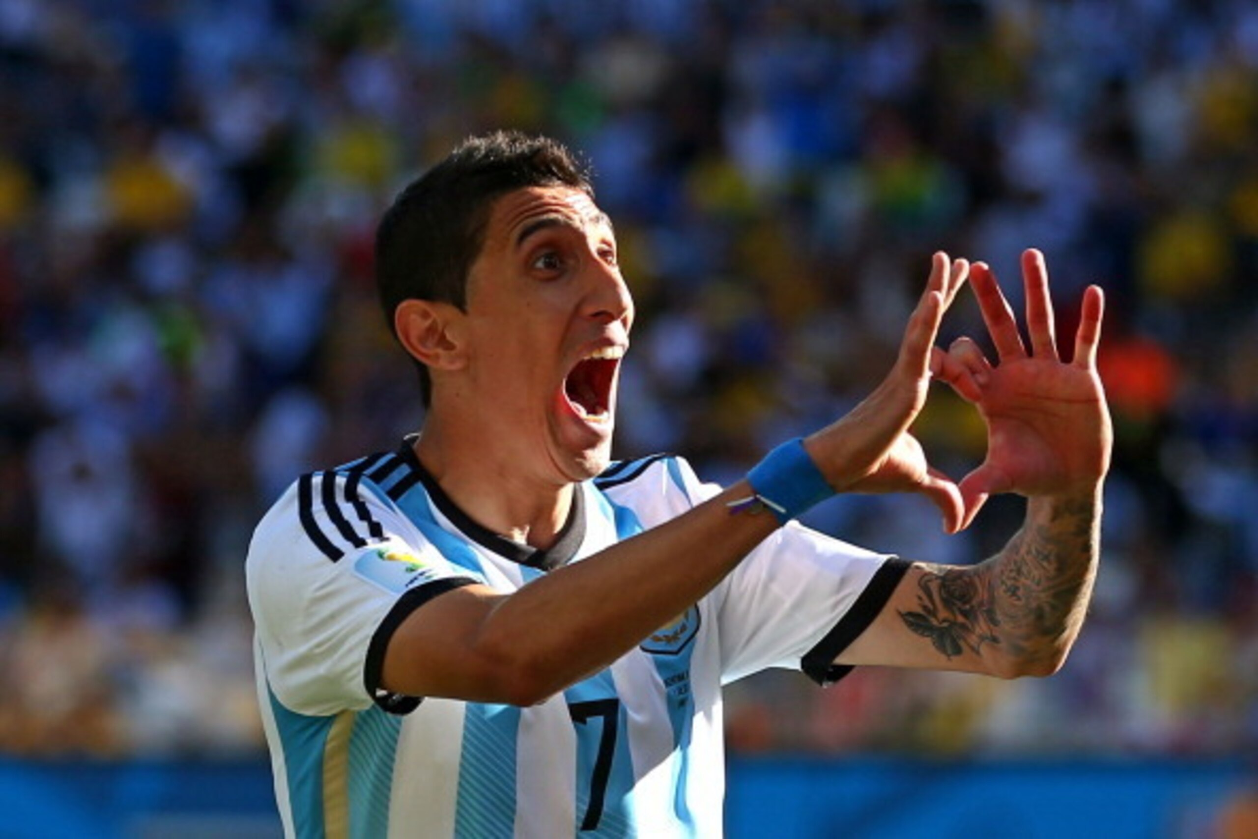 SAO PAULO, BRAZIL - JULY 01:  Angel di Maria of Argentina celebrates scoring his team's first goal in extra time during the 2014 FIFA World Cup Brazil Round of 16 match between Argentina and Switzerland at Arena de Sao Paulo on July 1, 2014 in Sao Paulo, 