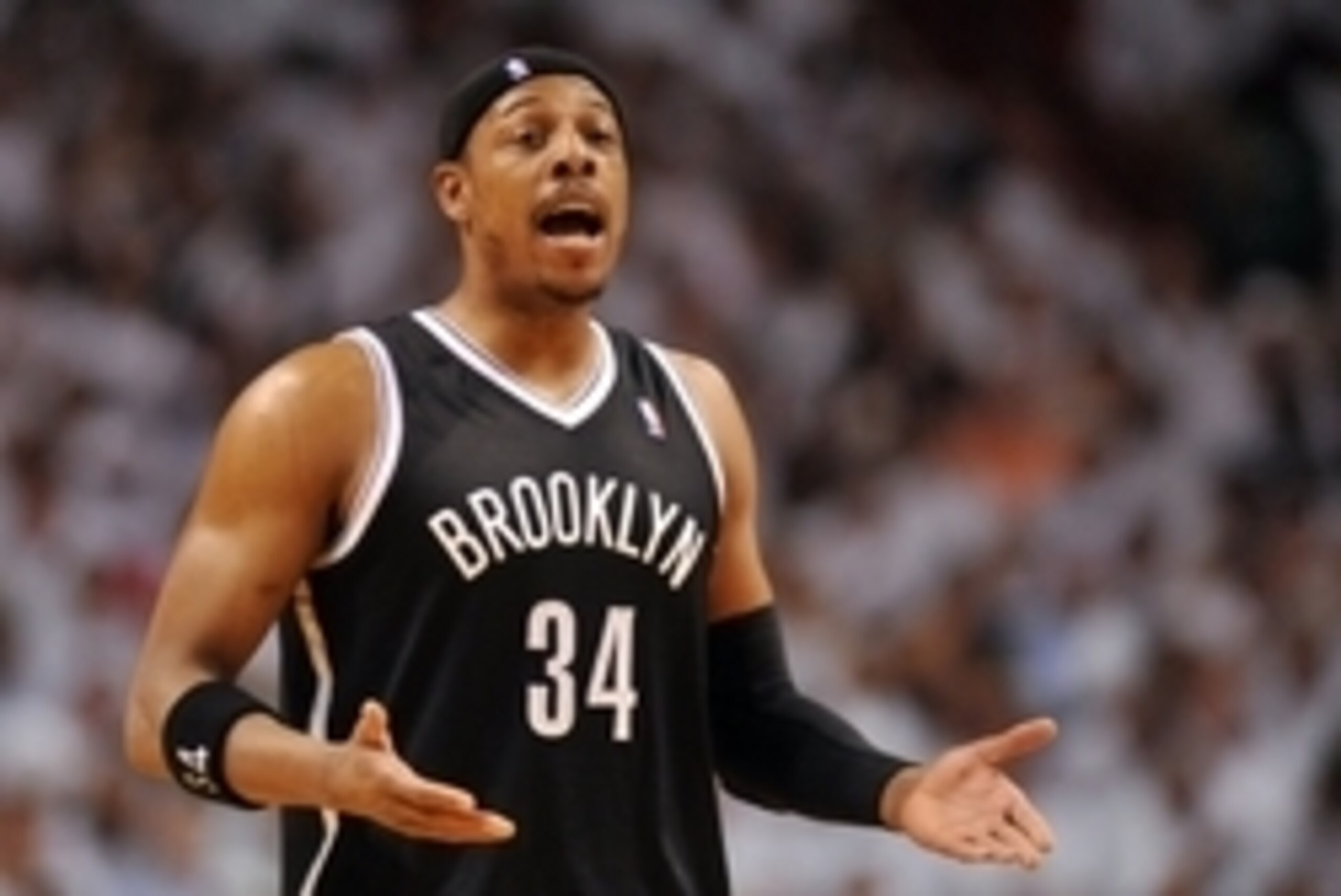 May 8, 2014; Miami, FL, USA; Brooklyn Nets forward Paul Pierce (34) reacts during the second half in game two of the second round of the 2014 NBA Playoffs against the Miami Heat at American Airlines Arena. Miami won 94-82. Mandatory Credit: Steve Mitchell