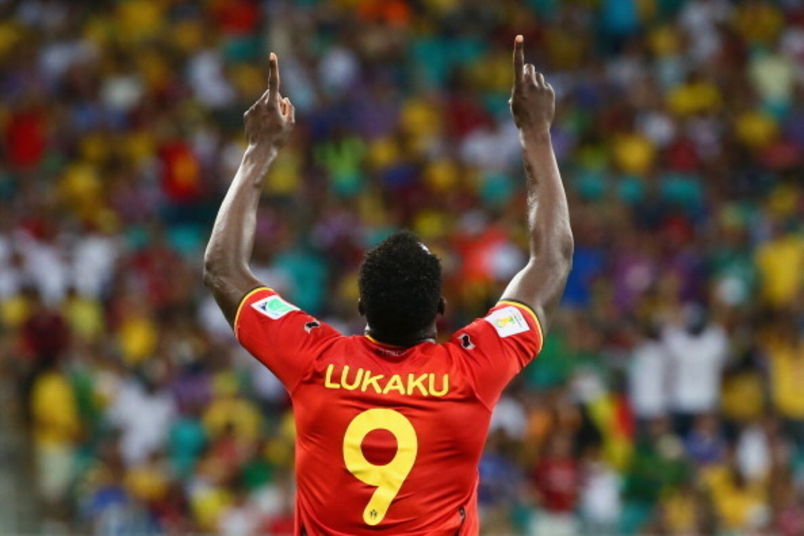 SALVADOR, BRAZIL - JULY 01:  Romelu Lukaku of Belgium celebrates scoring his team's second goal in extra time during the 2014 FIFA World Cup Brazil Round of 16 match between Belgium and the United States at Arena Fonte Nova on July 1, 2014 in Salvador, Br