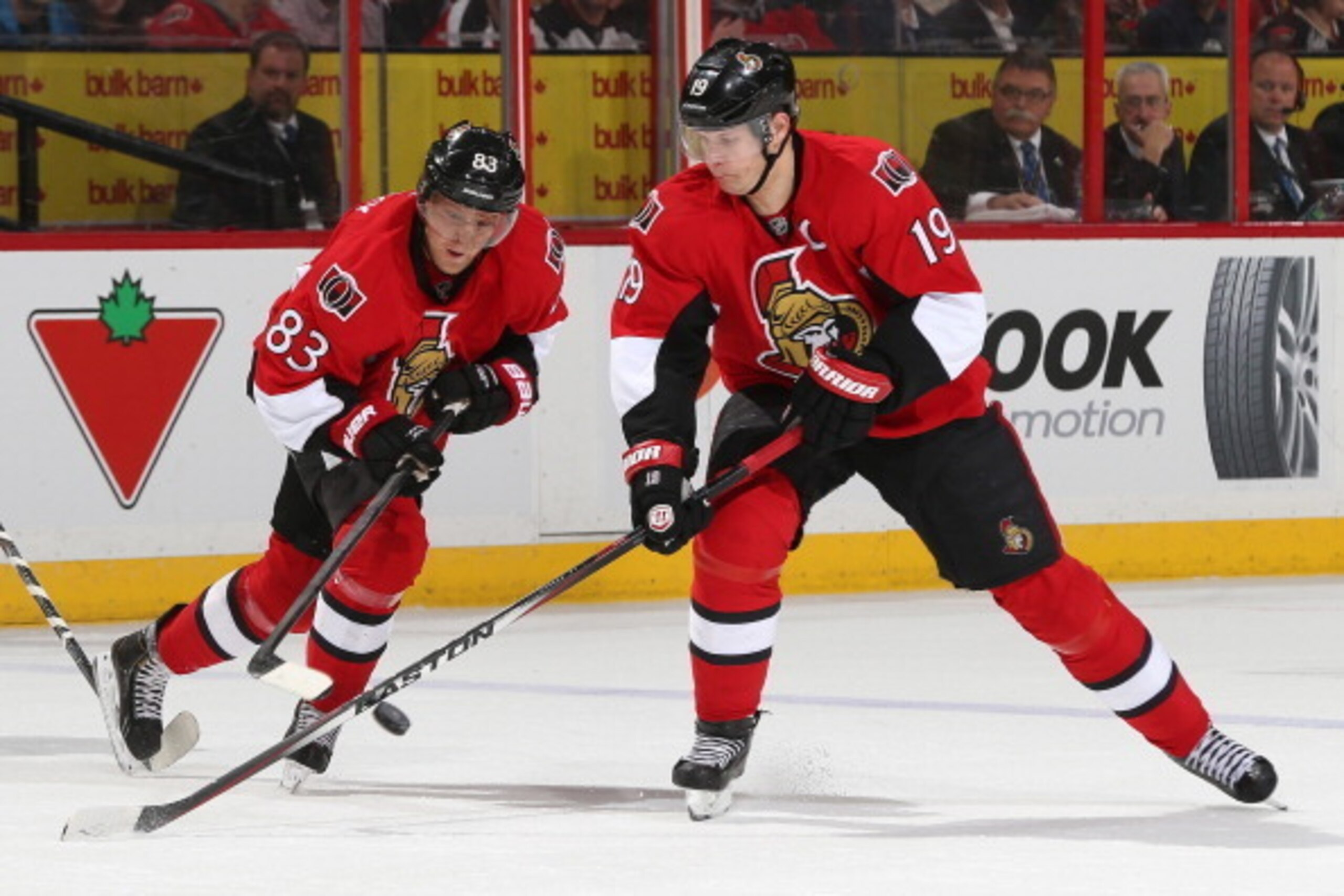 OTTAWA, ON - APRIL 10: Ales Hemsky #83 and Jason Spezza #19 of the Ottawa Senators pass the puck against the New Jersey Devils at Canadian Tire Centre on April 10, 2014 in Ottawa, Ontario, Canada.  (Photo by Andre Ringuette/NHLI via Getty Images)