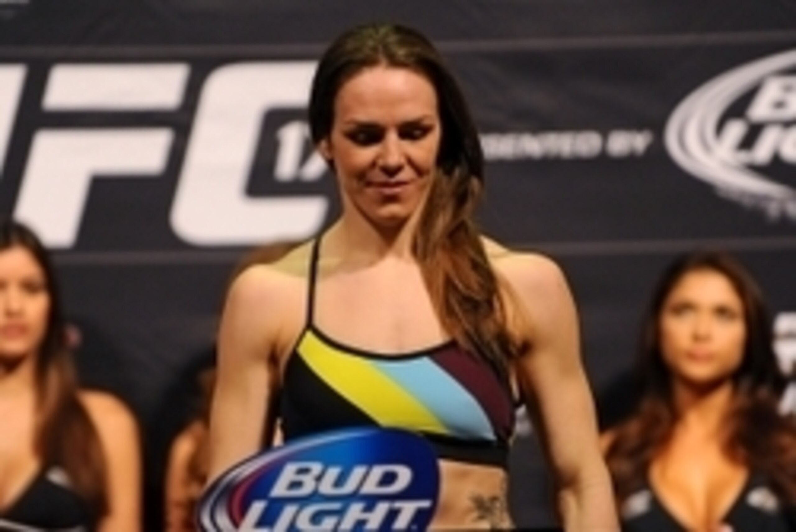 Feb 21, 2014; Las Vegas, NV, USA; UFC women's bantamweight Alexis Davis participates in the UFC 170 weigh-in at Mandalay Bay Events Center. Mandatory Credit: Stephen R. Sylvanie-USA TODAY Sports