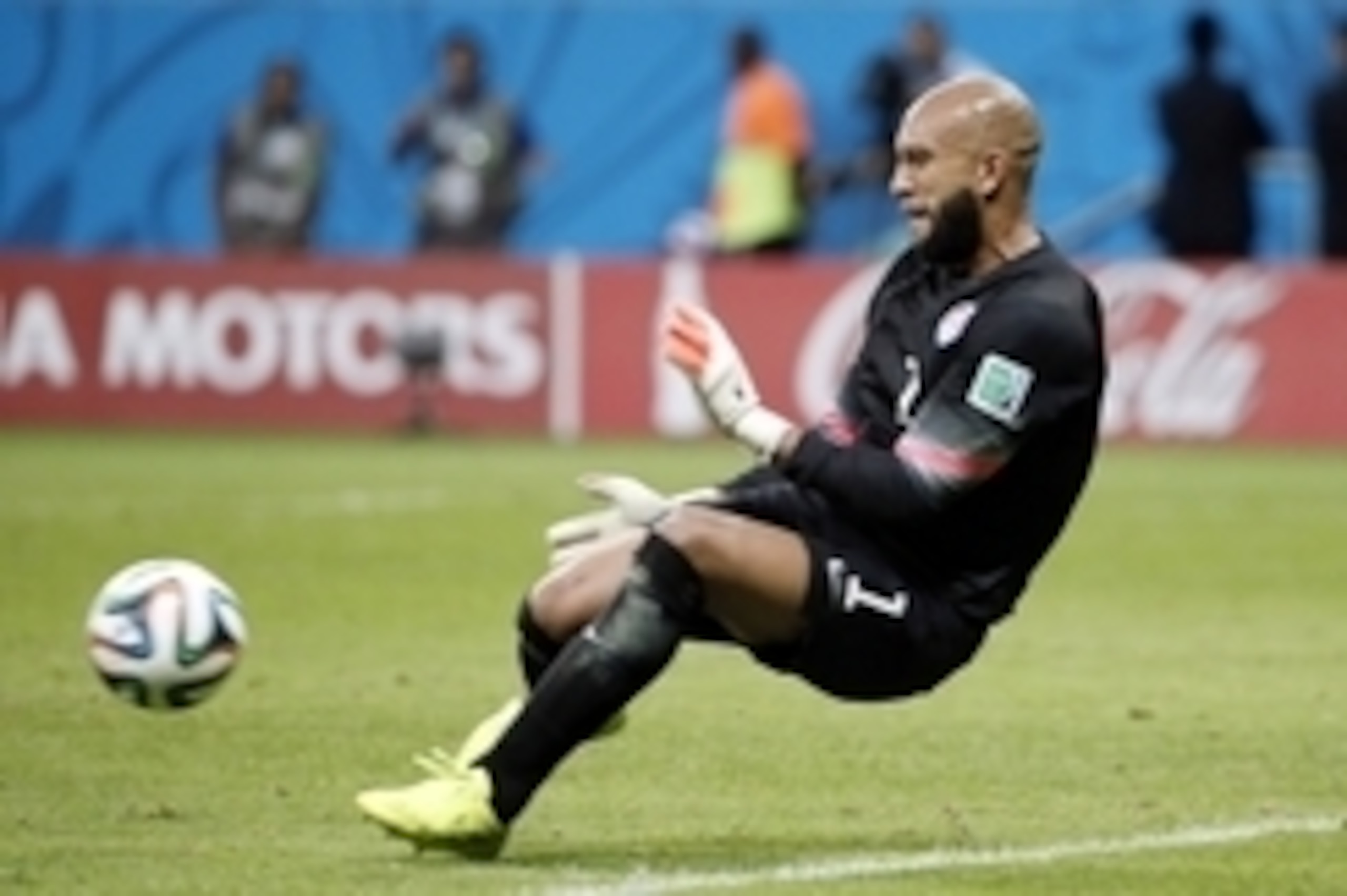 Jul 1, 2014; Salvador, Bahia, BRAZIL; United States goalkeeper Tim Howard (1) makes a save against Belgium during the second half of their round of sixteen match in the 2014 World Cup at Arena Fonte Nova. Mandatory Credit: Winslow Townson-USA TODAY Sports