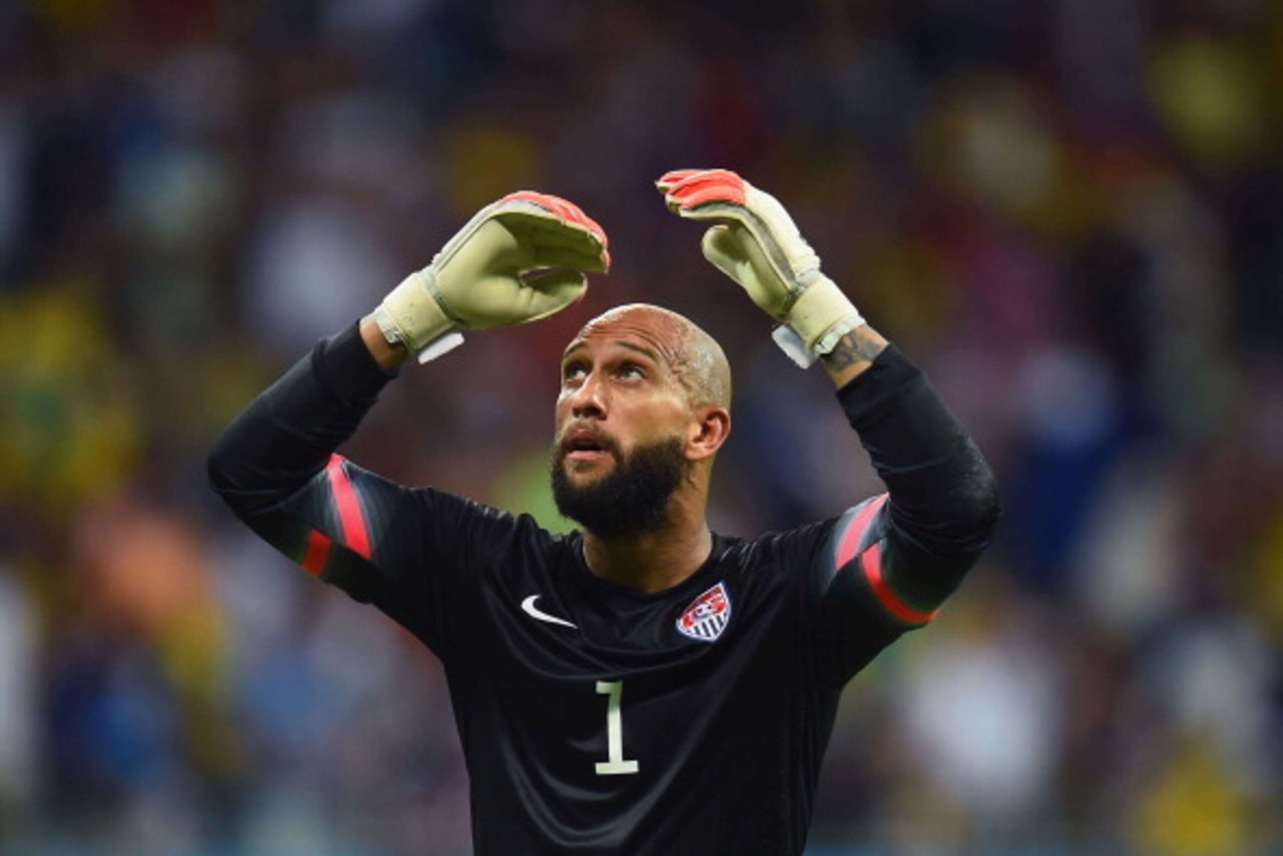 SALVADOR, BRAZIL - JULY 01: Goalkeeper Tim Howard of the United States looks on during the 2014 FIFA World Cup Brazil Round of 16 match between Belgium and the United States at Arena Fonte Nova on July 1, 2014 in Salvador, Brazil. (Photo by Jamie McDona SALVADOR, BRAZIL - JULY 01: Goalkeeper Tim Howard of the United States looks on during the 2014 FIFA World Cup Brazil Round of 16 match between Belgium and the United States at Arena Fonte Nova on July 1, 2014 in Salvador, Brazil. (Photo by Jamie McDona