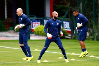 SAO PAULO, BRAZIL - JUNE 19:  (L-R)  Goalkeepers Brad Guzan, Tim Howard and Nick Rimando of the United States work out during training at Sao Paulo FC on June 19, 2014 in Sao Paulo, Brazil.  (Photo by Kevin C. Cox/Getty Images)