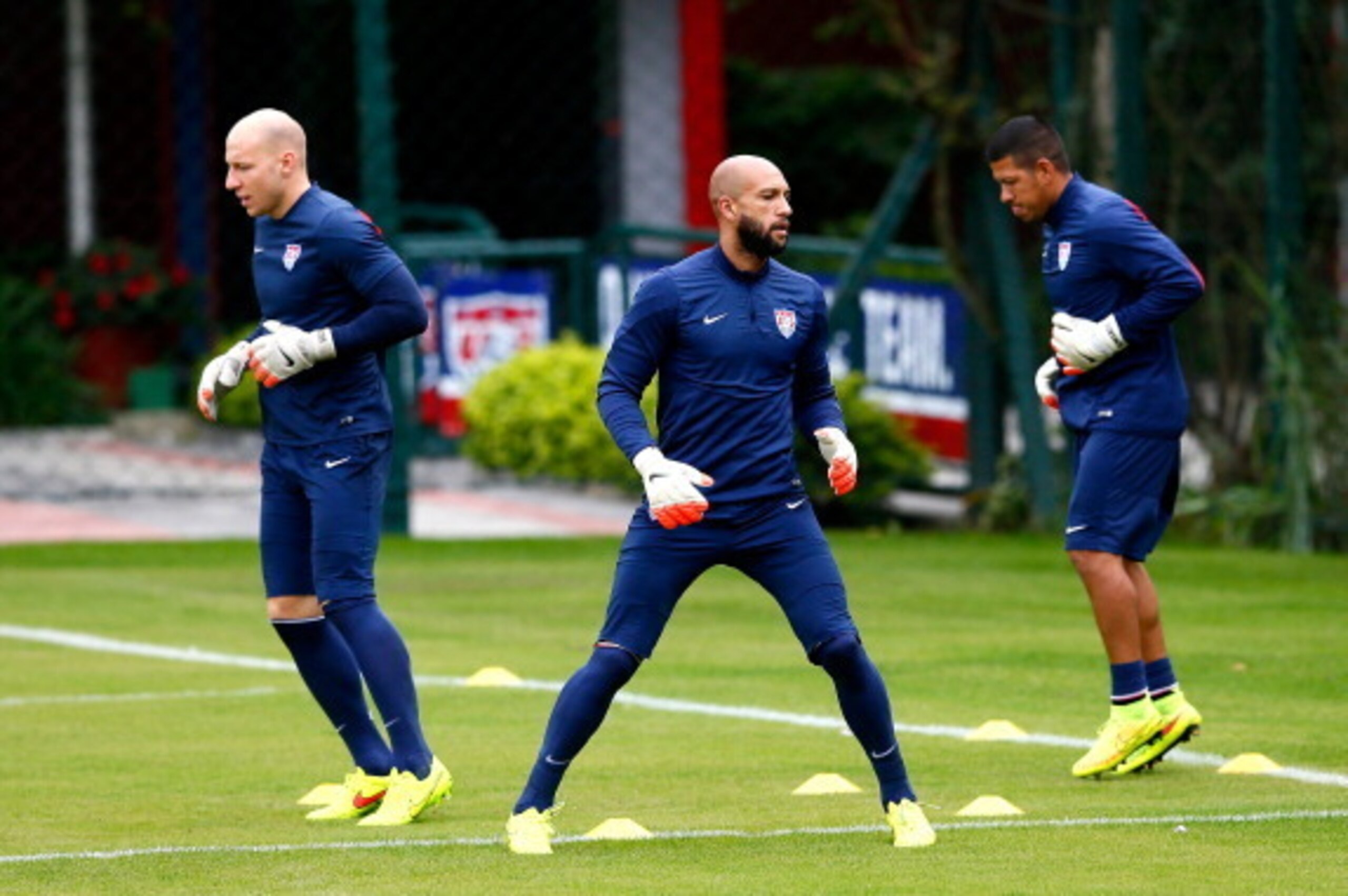 SAO PAULO, BRAZIL - JUNE 19:  (L-R)  Goalkeepers Brad Guzan, Tim Howard and Nick Rimando of the United States work out during training at Sao Paulo FC on June 19, 2014 in Sao Paulo, Brazil.  (Photo by Kevin C. Cox/Getty Images)