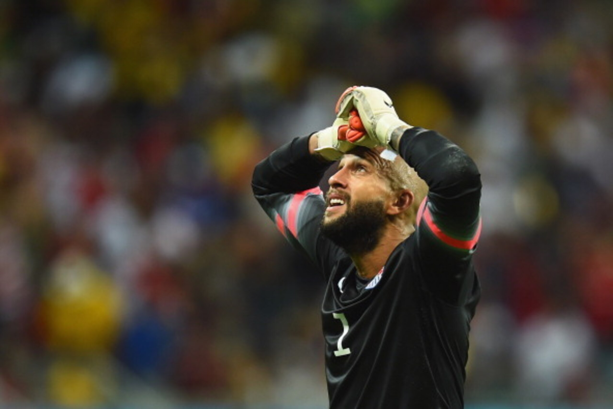SALVADOR, BRAZIL - JULY 01: Tim Howard of the United States reacts during the 2014 FIFA World Cup Brazil Round of 16 match between Belgium and the United States at Arena Fonte Nova on July 1, 2014 in Salvador, Brazil.  (Photo by Jamie McDonald/Getty Image
