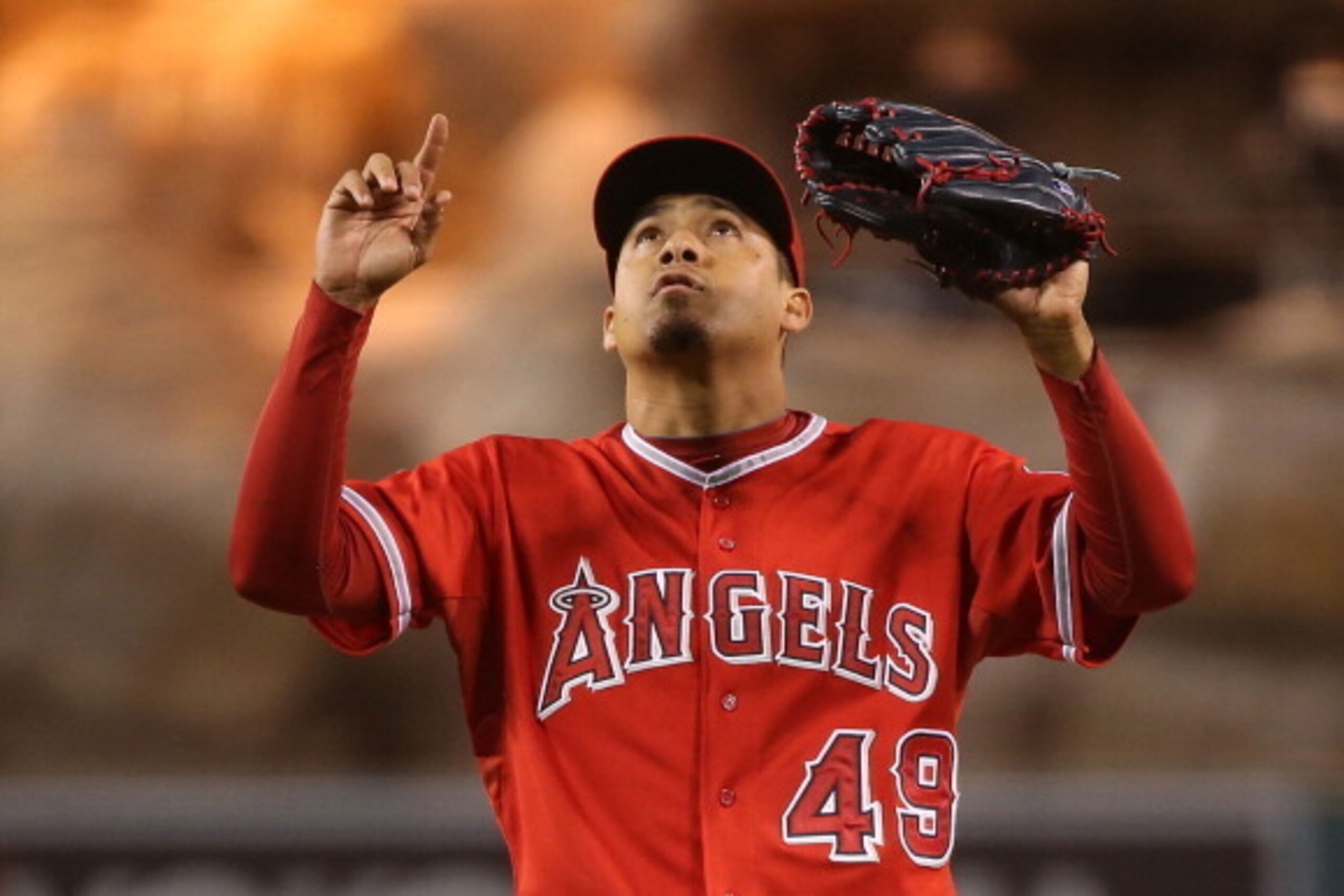 ANAHEIM, CA - JUNE 09:  Pitcher Ernesto Frieri #49 of the Los Angeles Angels of Anaheim celebrates after getting the last out in the ninth inning against the Oakland Athletics during the MLB game at Angel Stadium of Anaheim on June 9, 2014 in Anaheim, Cal