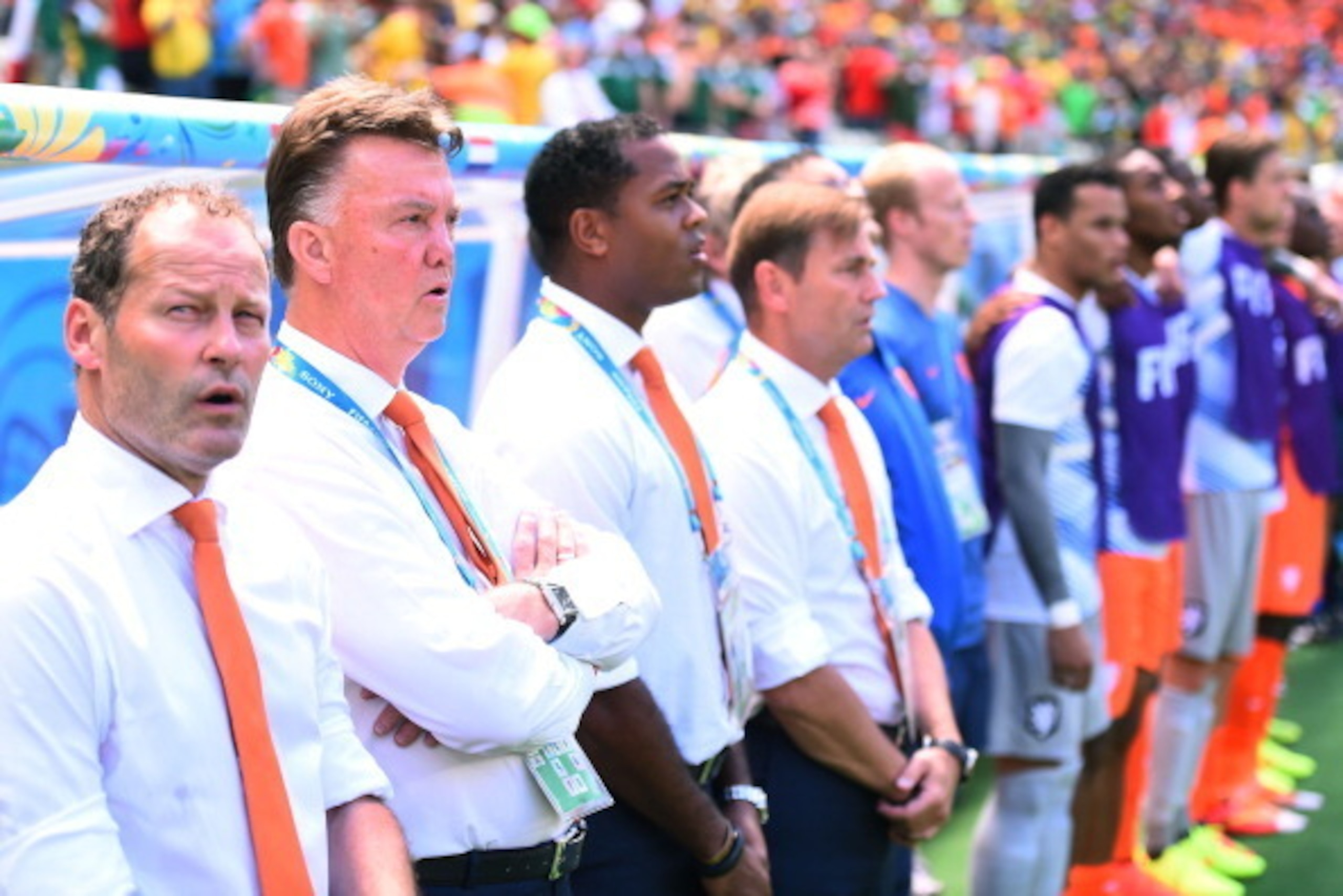 FORTALEZA, BRAZIL - JUNE 29:  Head coach Louis van Gaal of the Netherlands (2nd L) looks on during the 2014 FIFA World Cup Brazil Round of 16 match between Netherlands and Mexico at Castelao on June 29, 2014 in Fortaleza, Brazil.  (Photo by Laurence Griff