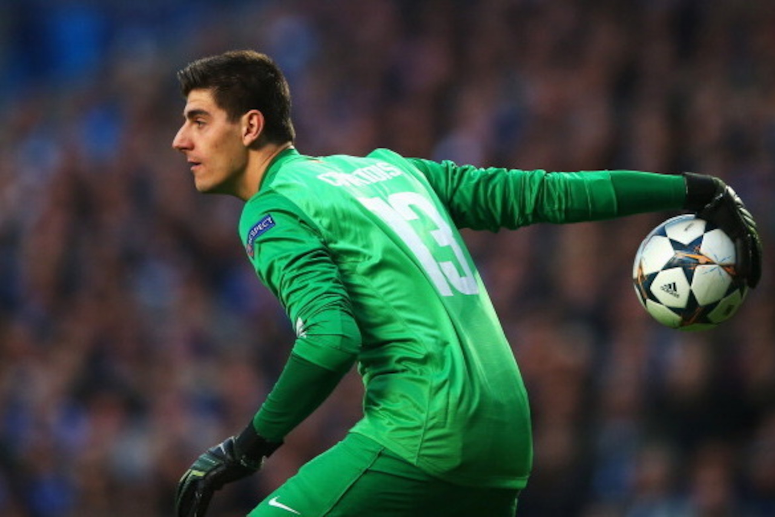 LONDON, ENGLAND - APRIL 30:  Thibaut Courtois of Club Atletico de Madrid rolls the ball out during the UEFA Champions League semi-final second leg match between Chelsea and Club Atletico de Madrid at Stamford Bridge on April 30, 2014 in London, England.  