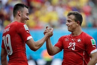 Josip Drmic, left, celebrates with Xherdan Shaqiri.