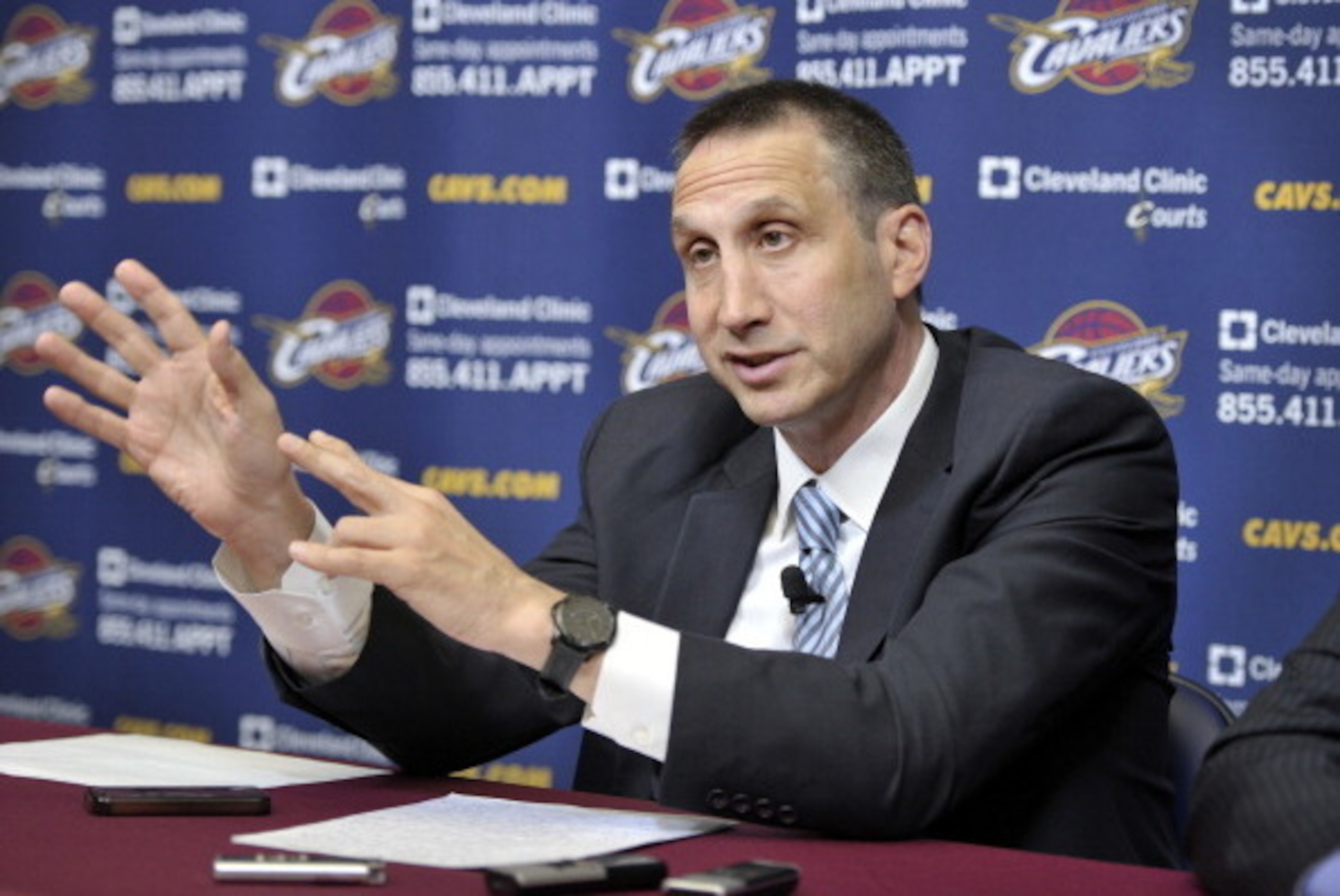 INDEPENDENCE, OH - JUNE 25:  David Blatt addresses the media as he is named Head Coach of the Cleveland Cavaliers at a press conference at The Cleveland Clinic Courts on June 25, 2014 in Independence, Ohio. NOTE TO USER: User expressly acknowledges and ag